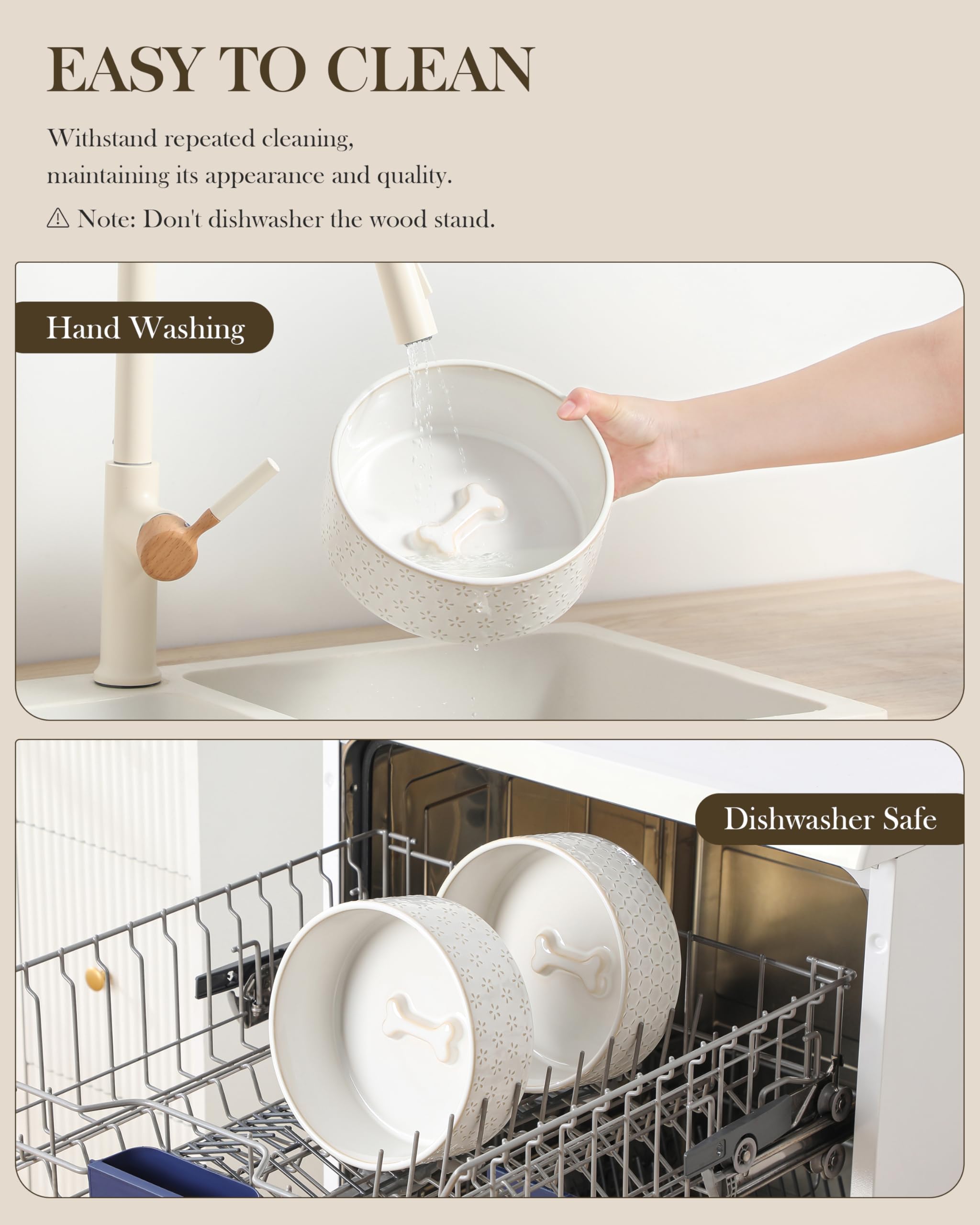 MALACASA Juego de cuencos para perros con soporte de madera de nogal, 6 tazas de cerámica para cachorros, cuencos dobles para alimentos y agua con base antideslizante, cuencos básicos para tu perro