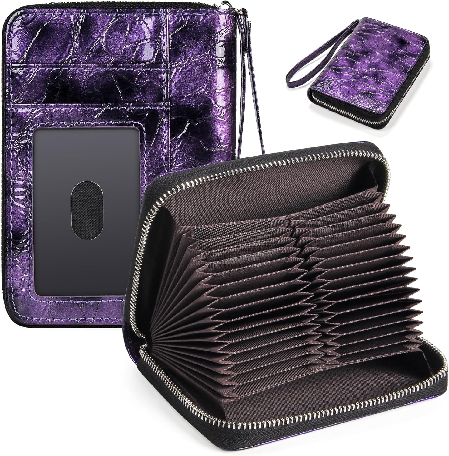 EcoVision RFID Credit Card Holder Wallets for Women Large Storage Space Accordion Zipper Card Case Holder,Leather Organizer Case with Lanyard