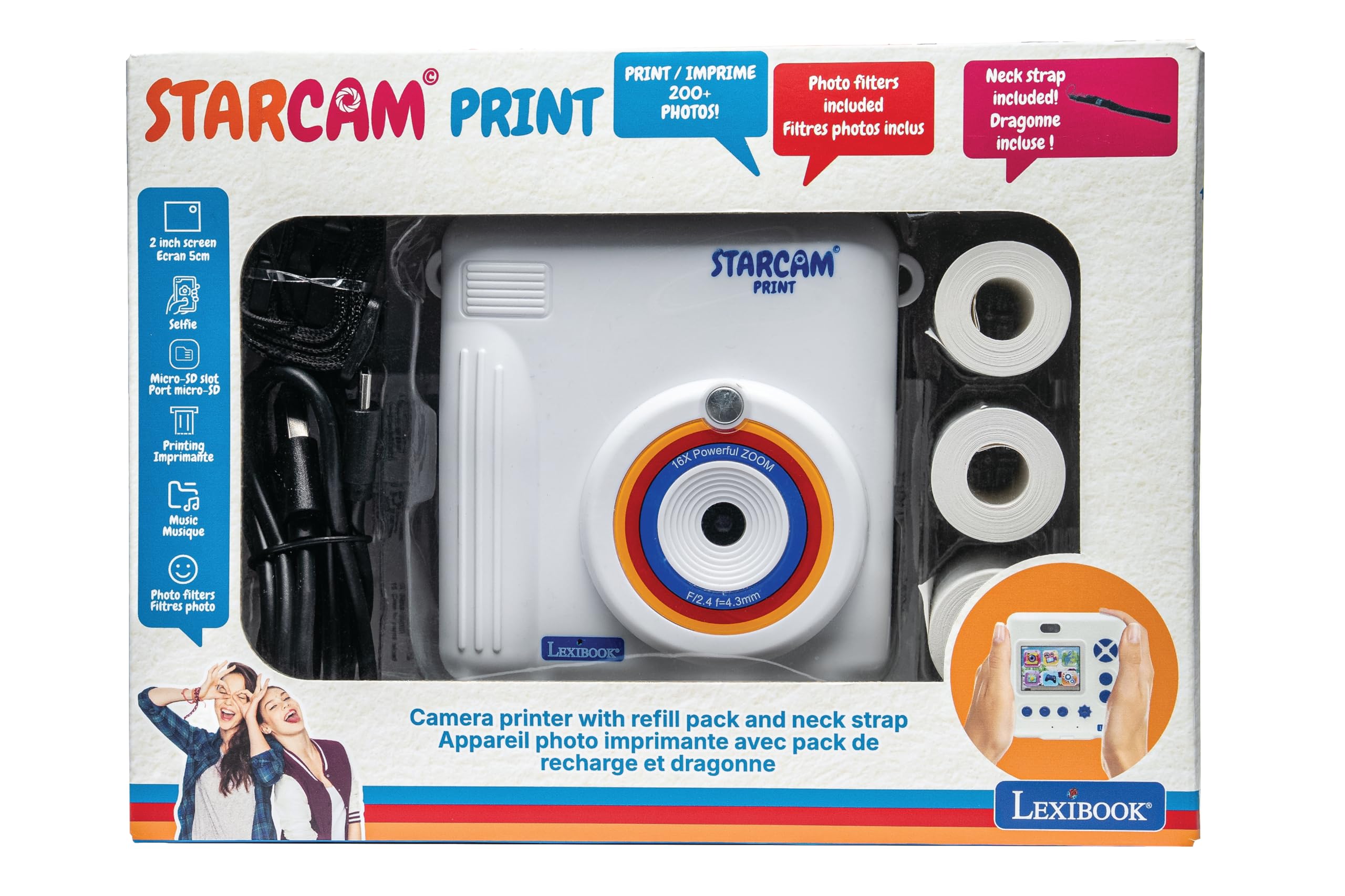 Lexibook, Starcam® Print, Camera Pack with Instant Printer, 3 Paper Rolls and Neck Strap, DJ130