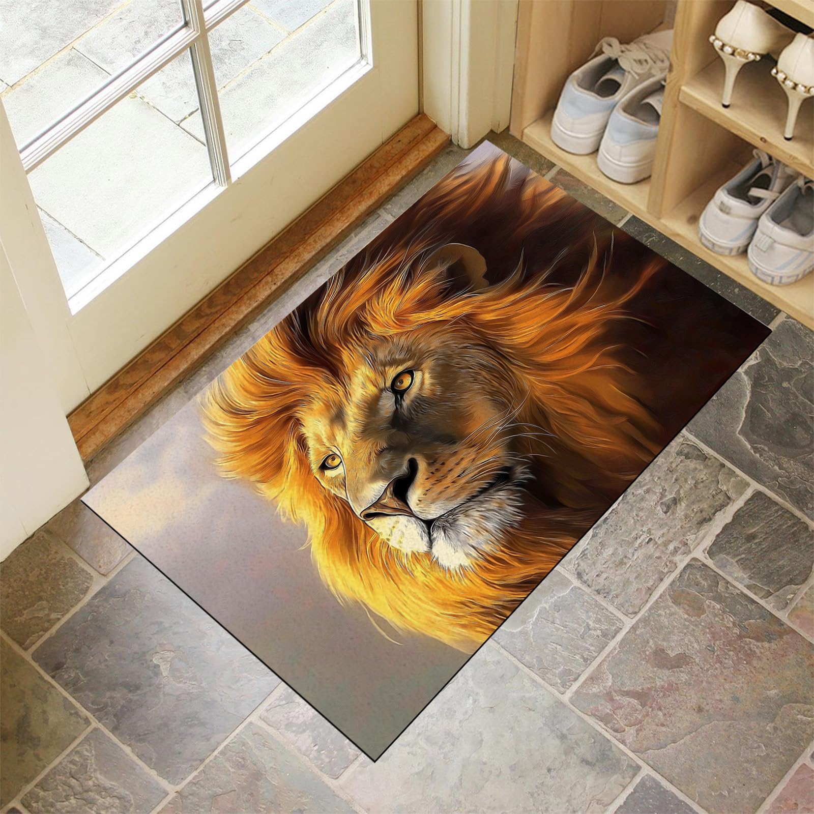 Tapis d'entrée avec microfibres douces lion au design animalier et grand confort 90x150cm