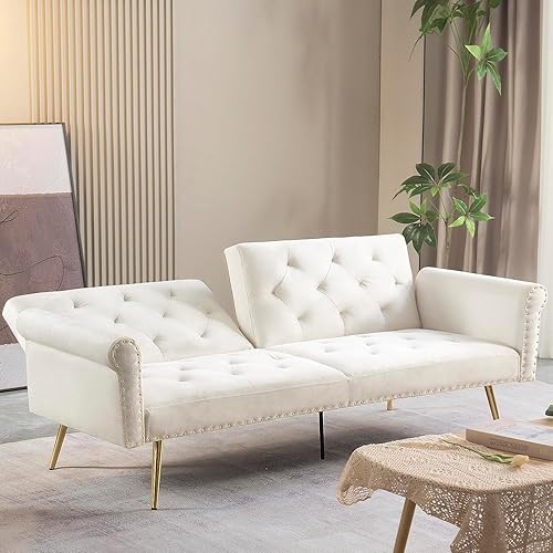 Miniatura 10 de Moderno sofá cama convertible de lino capitoné con 2 almohadas, sofá biplaza sobrerelleno, cómodo sofá cama para siesta en casa, oficina,