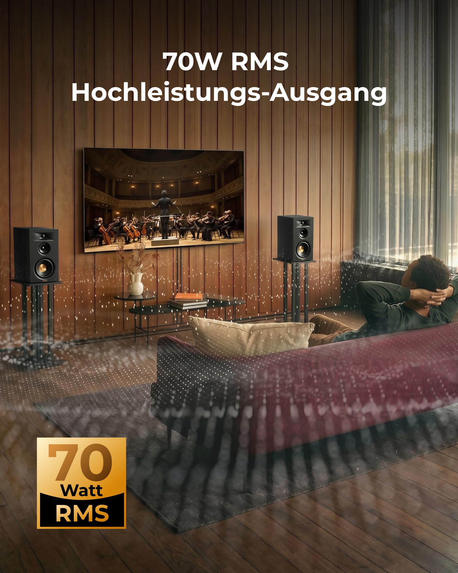 ULTIMEA Aktive 3-Wege-Regallautsprecher, 70W RMS Aktivlautsprecher mit 5,25" Tieftöner, App, Bluetooth 6.0, HDMI ARC, mit Subwoofer-Ausgang für Heimkino, TV, PC & Plattenspieler, Studio Monitor, BS-3