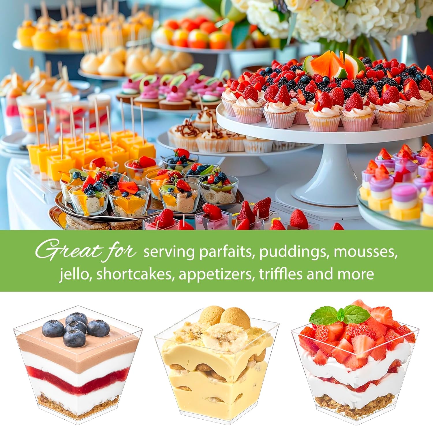 Zezzxu 7 oz Square Mini Dessert Cups with Spoons - 50 Pack Plastic Pudding & Parfait Cups Party Dessert Shooters for Serving Trifle Mousse Cake Appetizer Fruit - Image 4