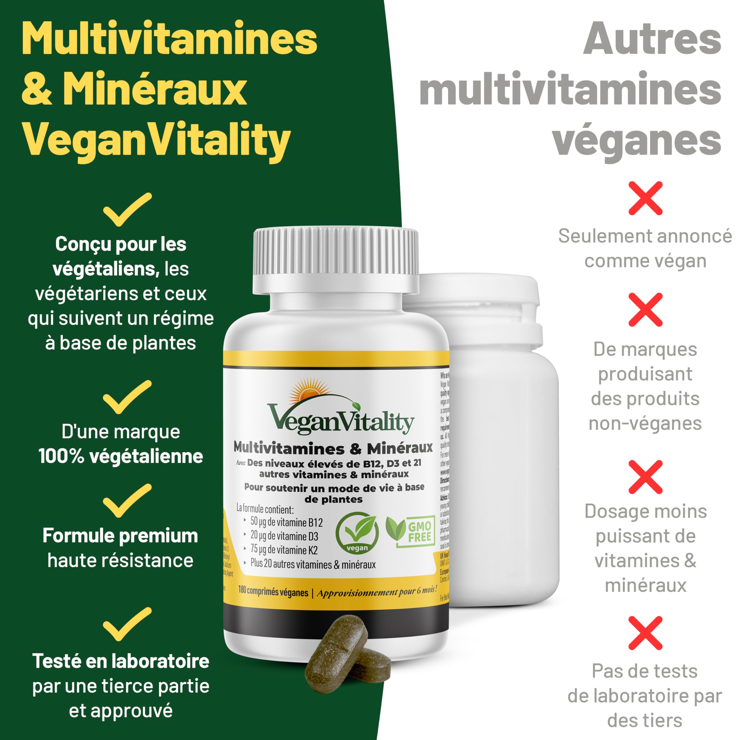 Multivitamines et minéraux vegan – Source renforcée de vitamine C, vitamine k2, B12 et fer - 180 pilules vegan multivitamines. 6 mois de complément alimentaire vegan & végétarien