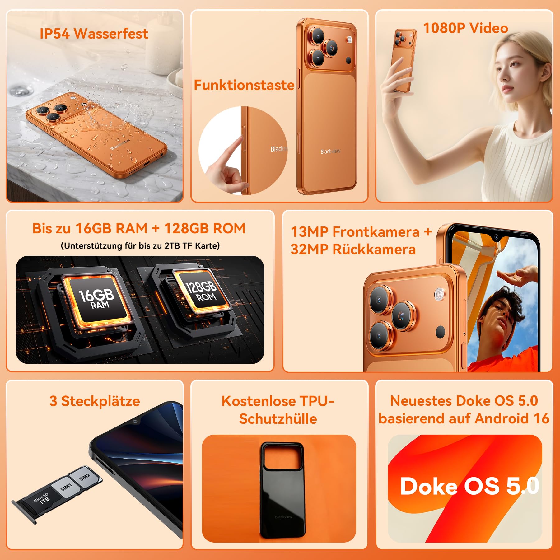 Blackview Wave 7C Handy Ohne Vertrag, Android 16 Smartphone, 16GB+128GB/2TB, 32MP+13MP KI Kamera, 6.56" Handy Günstig, 5000mAh Simlockfreie Handys, 4G Dual SIM/WiFi 5G/FM/IP54/GPS/3Jahre Garantie