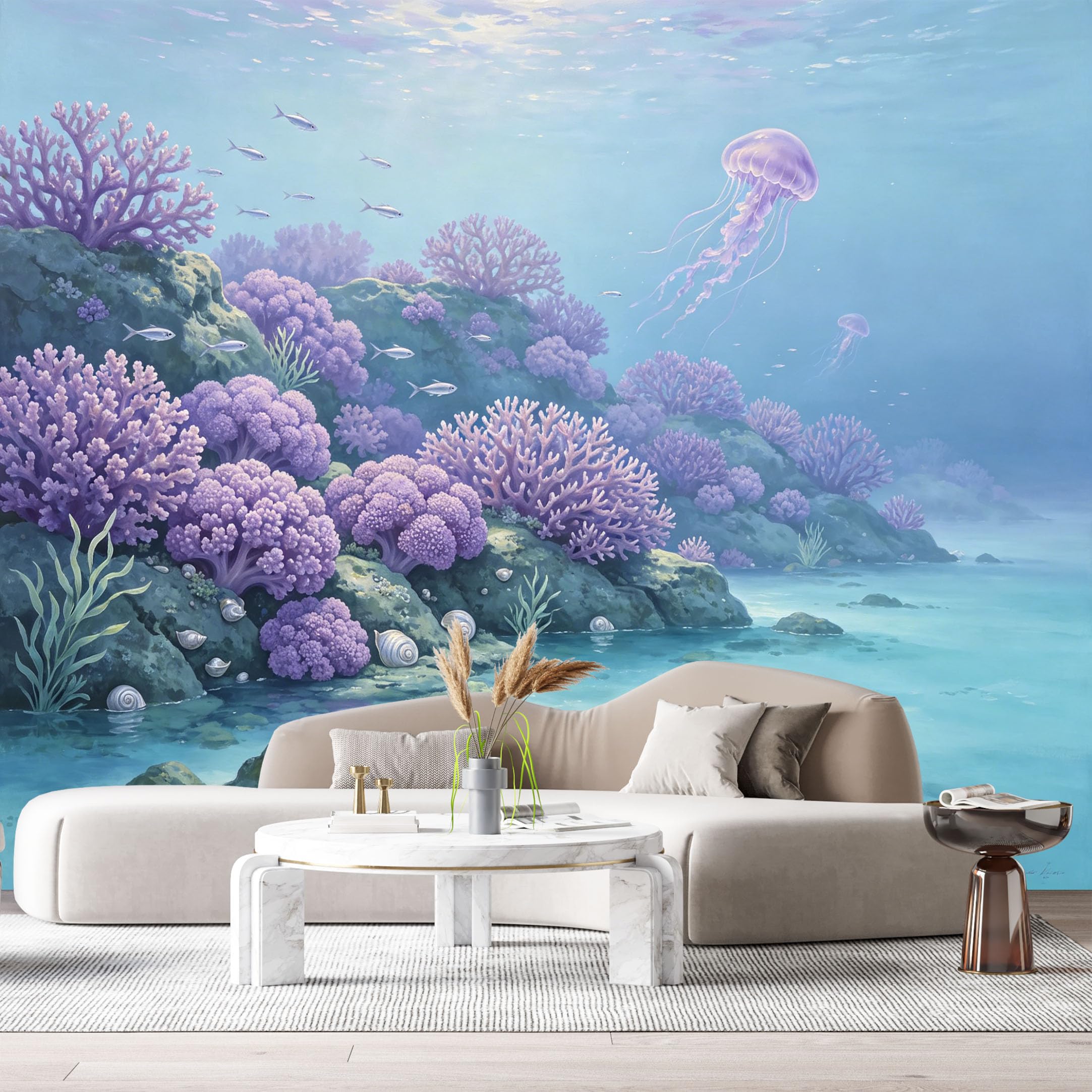 Custom Size Wall Murals Ocean Marine Jellyfish Coral Reef Watercolor SelfAdhesiveWall Fabric Removable Wallpaper Wall Decor for Living Room Bedroom Bathroom