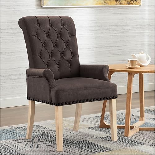 Upholstered Fabric Accent Dining Chair, Elegant Tufted Club Dining Room Kitchen Room Arm Dining Chair, Brown