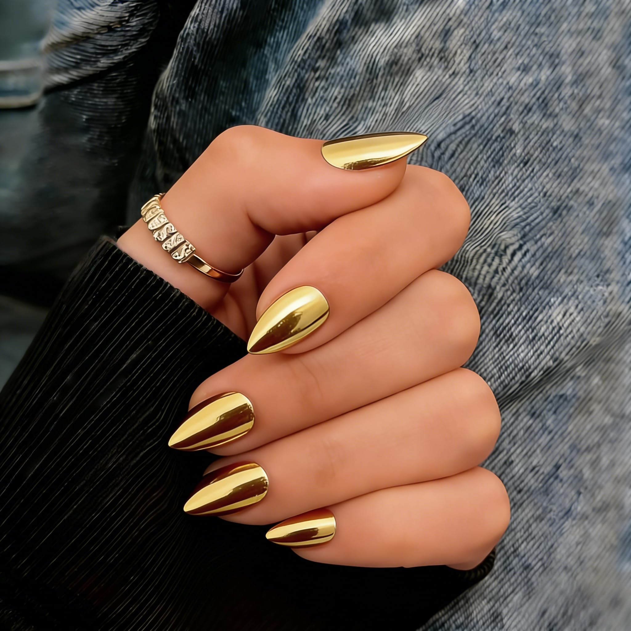 KQueenest Press On Nails Kurz Almond - Chrome Gold Künstliche Nägel zum Aufkleben Kurz, 30 Stück 15 Größen Metallic Fake Nails Press ons, Wiederverwendbar Dick Sparkle Acryl Nägel für Damen