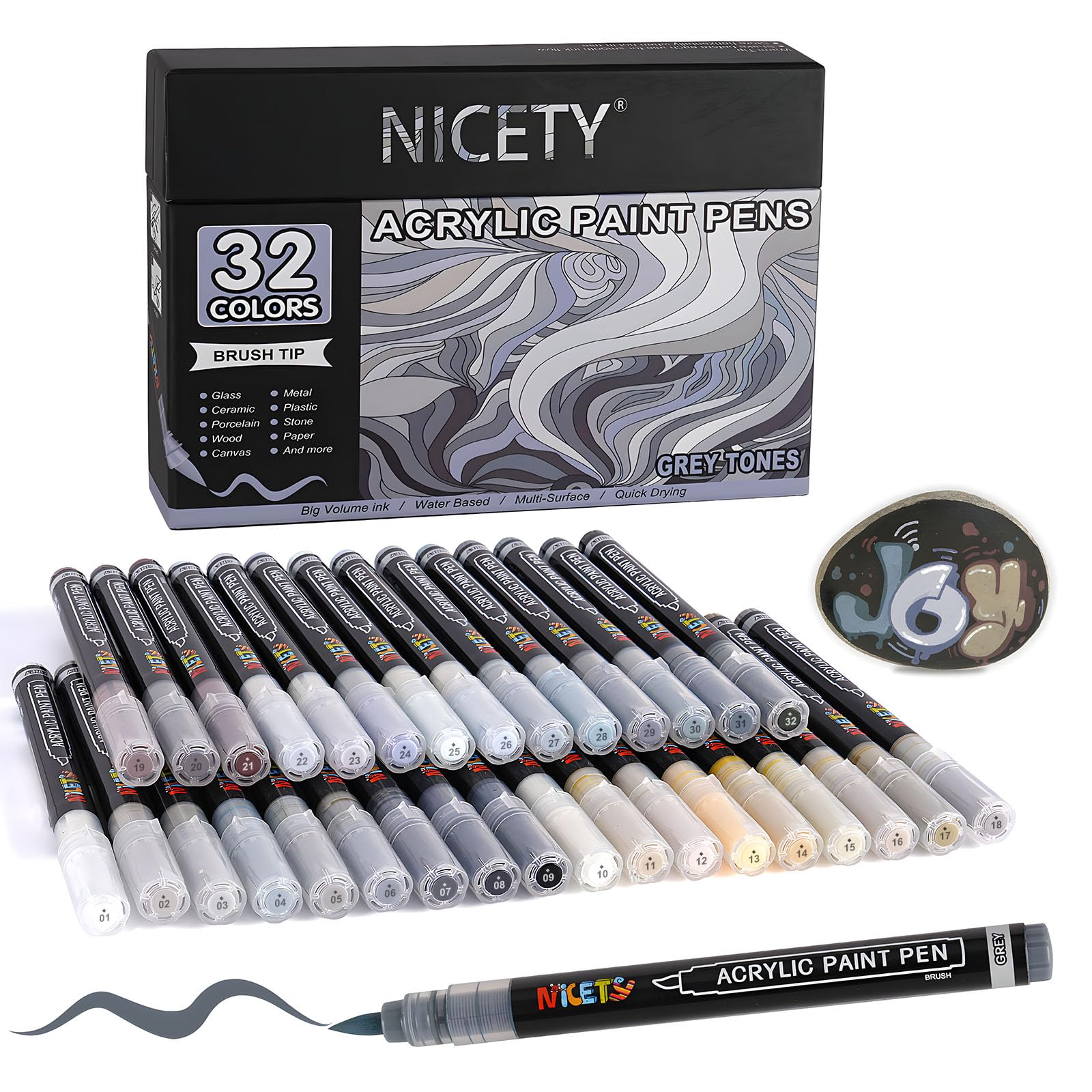 NICETY 32 Acrylstifte für Steine Wasserfest - Pinselspitze Acrylmarker für Holz, Stoff, Leinwand, Glas, 1-6mm Multimarker acrylic Marker pens Set (Grau)