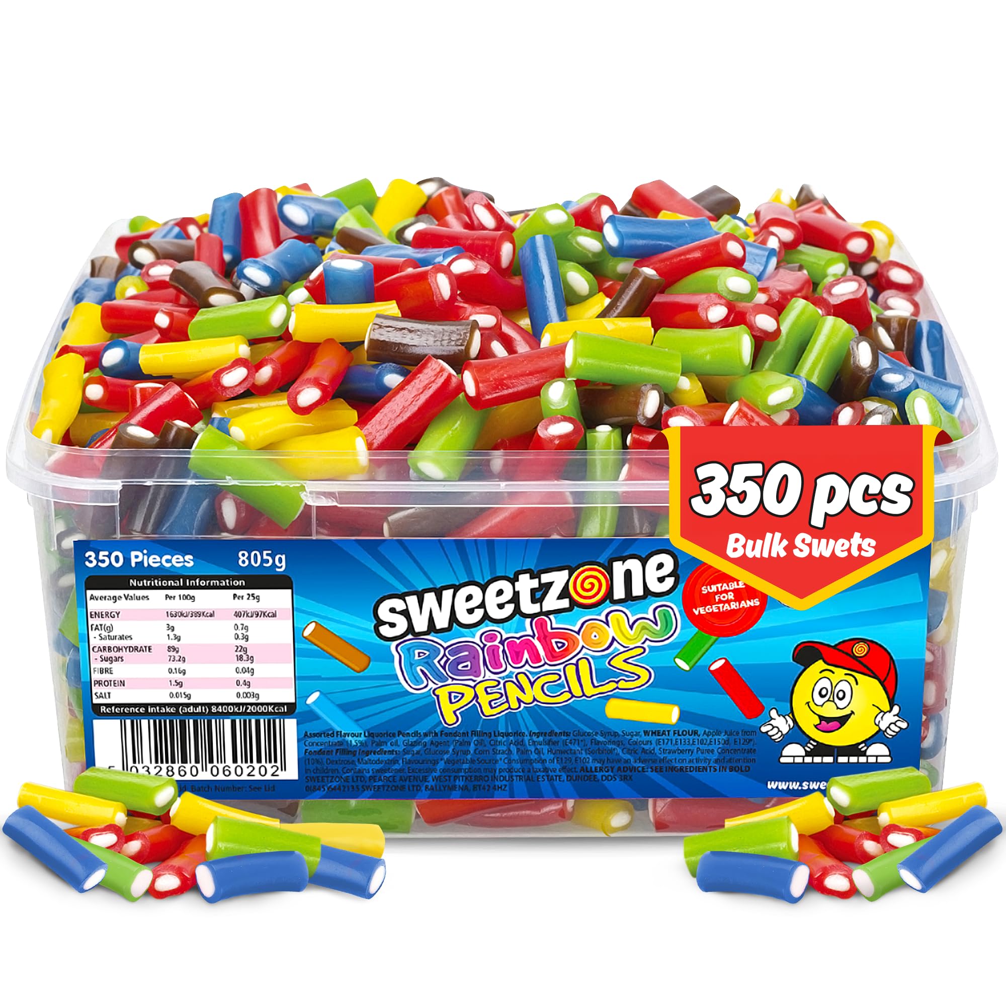 Sweetzone Rainbow Mini Pencils Halal Sweet Tub, 805g 350pcs, Colourful Retro Chewy Candy Sticks, Flavourful Bulk Sweets, American Snacks Gummy, Tubs of Retro Sweets for All Occasions and Parties