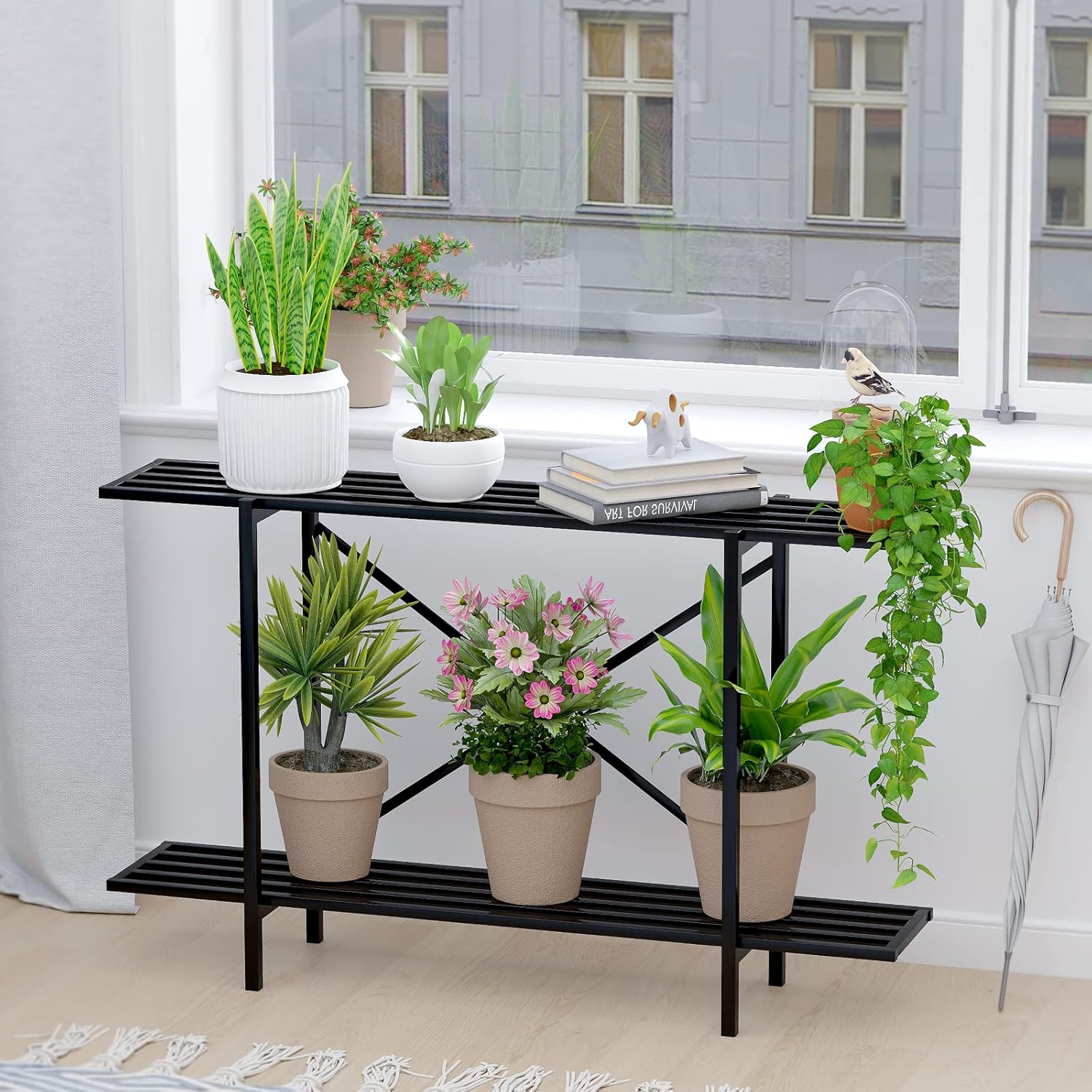 Zhongma 2 Tier Metal Sturdy Heavy Plant Stand, Narrow Plant Stand Indoor and Outdoor, L45.67 x W10.3 x H27.5 inch, 440 LBS Capacity & Heavy Duty Construction. … 2 Tier: 45.67 L x 10.3 W x 27.5 H