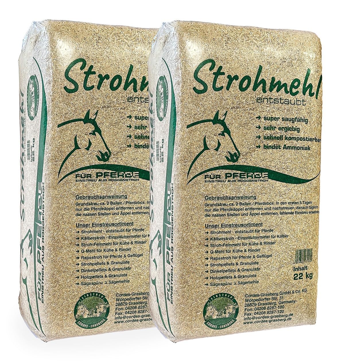 Cordes-Grasberg Strohmehl Entstaubt Pferdeeinstreu aus Roggenstroh 2 x 22kg