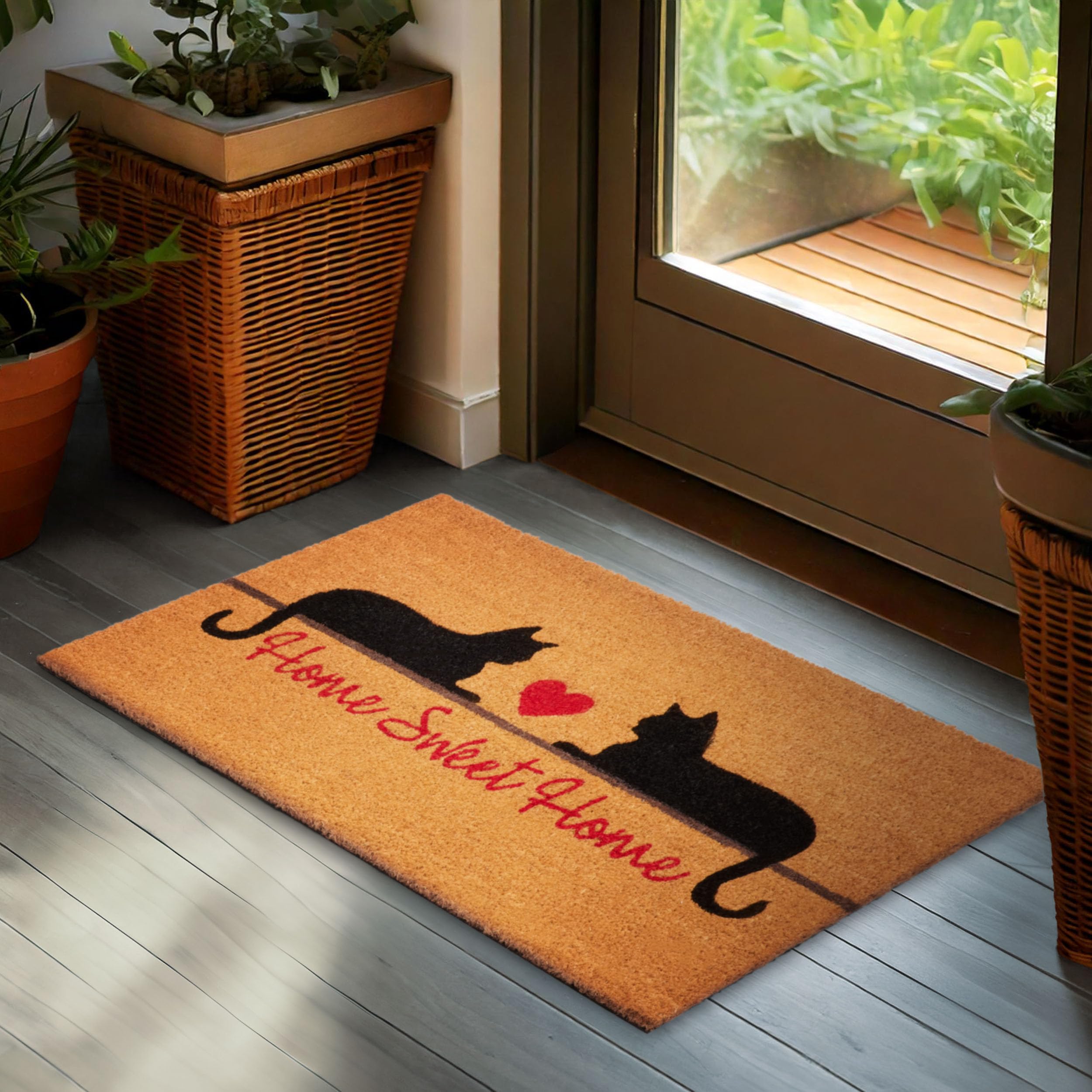 BRUBAKER Fußmatte für Außen und Innen - Katzen - Home Sweet Home - 45 x 75 cm Schmutzfangmatte aus 100% Kokos - Antirutsch Fußabtreter Wetterfest und rutschfest - Türmatte für Haustür - Braun
