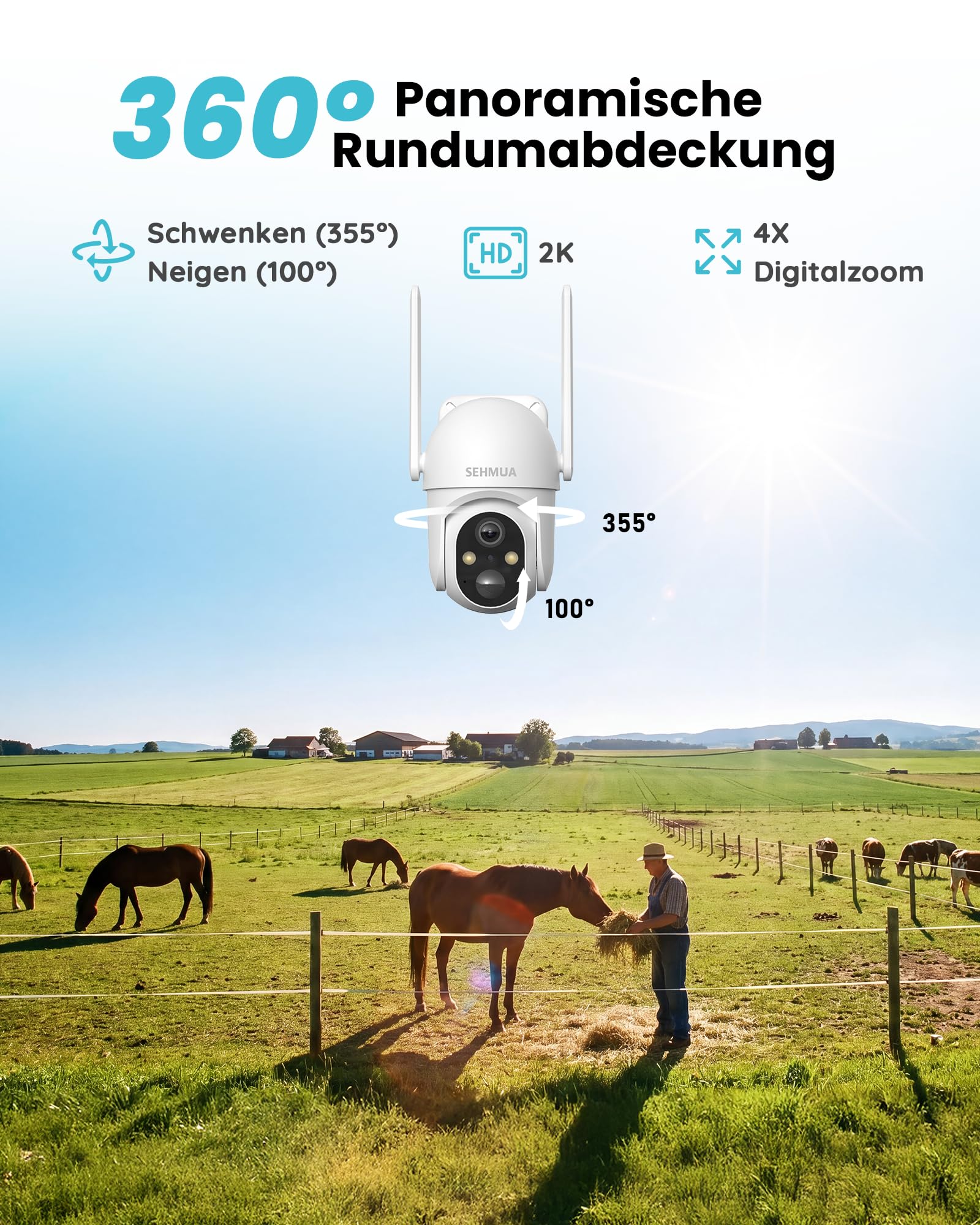 SEHMUA 24/7 AOV 4G LTE Überwachungskamera Aussen Solar SIM, 2K PTZ Überwachungskamera Aussen Ohne WLAN mit 7W Solarpanel, 20M Farbnachtsicht, KI-Erkennung, 2-Wege-Audio, PIR Erkennung, eSIM