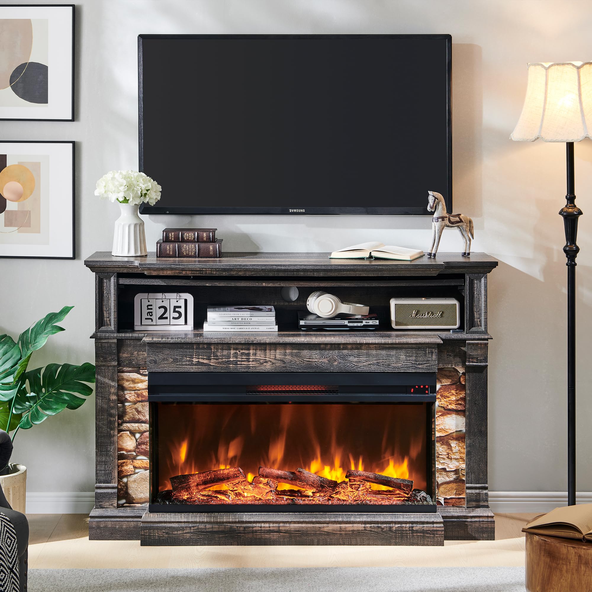 OKD 52" Electric Fireplace with Mantel, Freestanding Fireplace Heater TV Stand with 36" 3-Side Glass Insert for TVs Up to 65" with Storage Cabinet for Living Room, Dark Rustic Oak