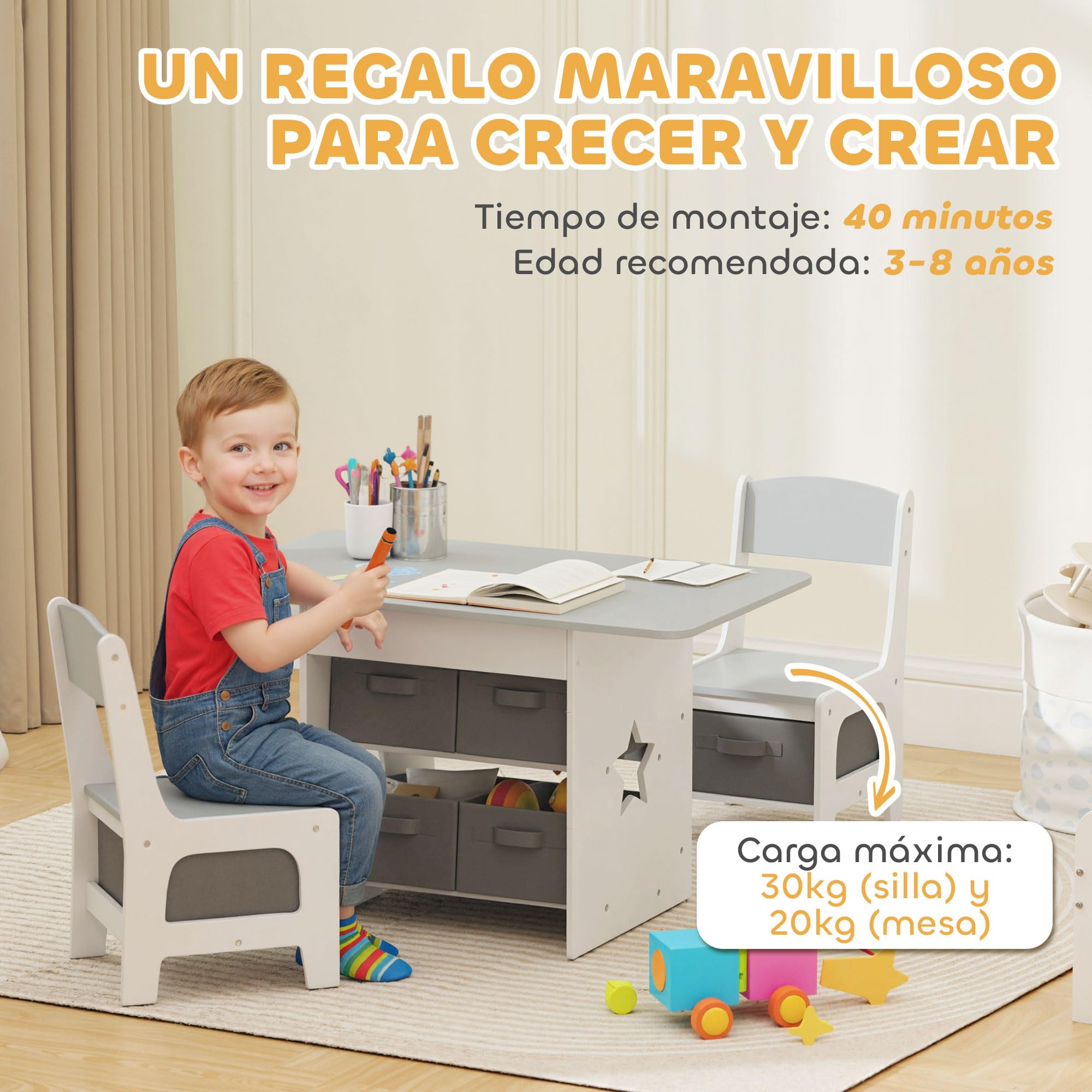 AIYAPLAY Mesa Infantil con 2 Sillas, Mesa y Sillas Infantil con 6 Cajones de Tela, Diseño Estrellas, para Niños y Niñas de 3-8 Años, para Hogar, Guardería, Aulas, Gris Claro