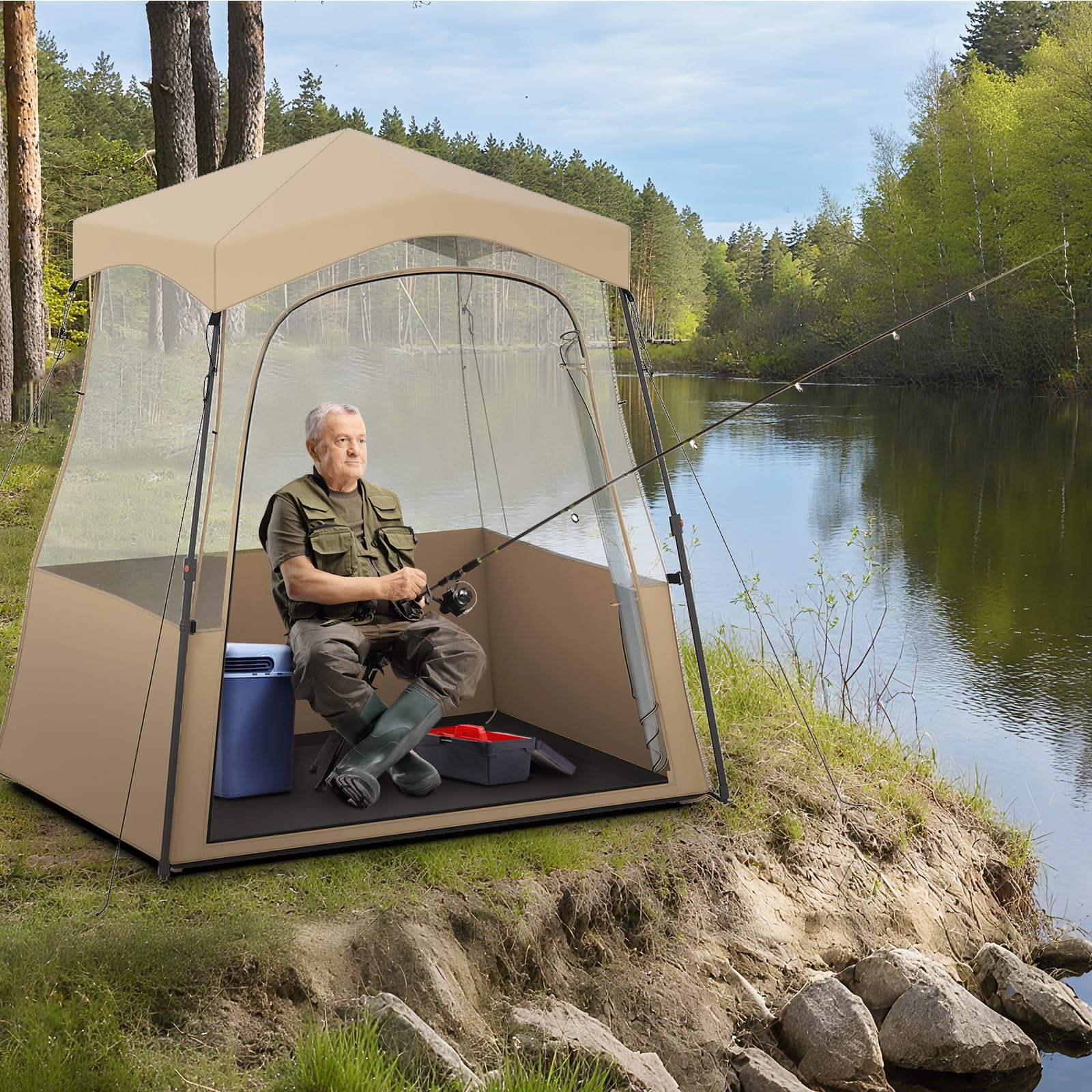 GYMAX Sportzelt, transparentes Outdoor Zelt für 2-4 Personen mit Überdachung, Abspannseilen & Heringen, tragbares Pop-Up-Zelt für Fußball, Softball-Spiele