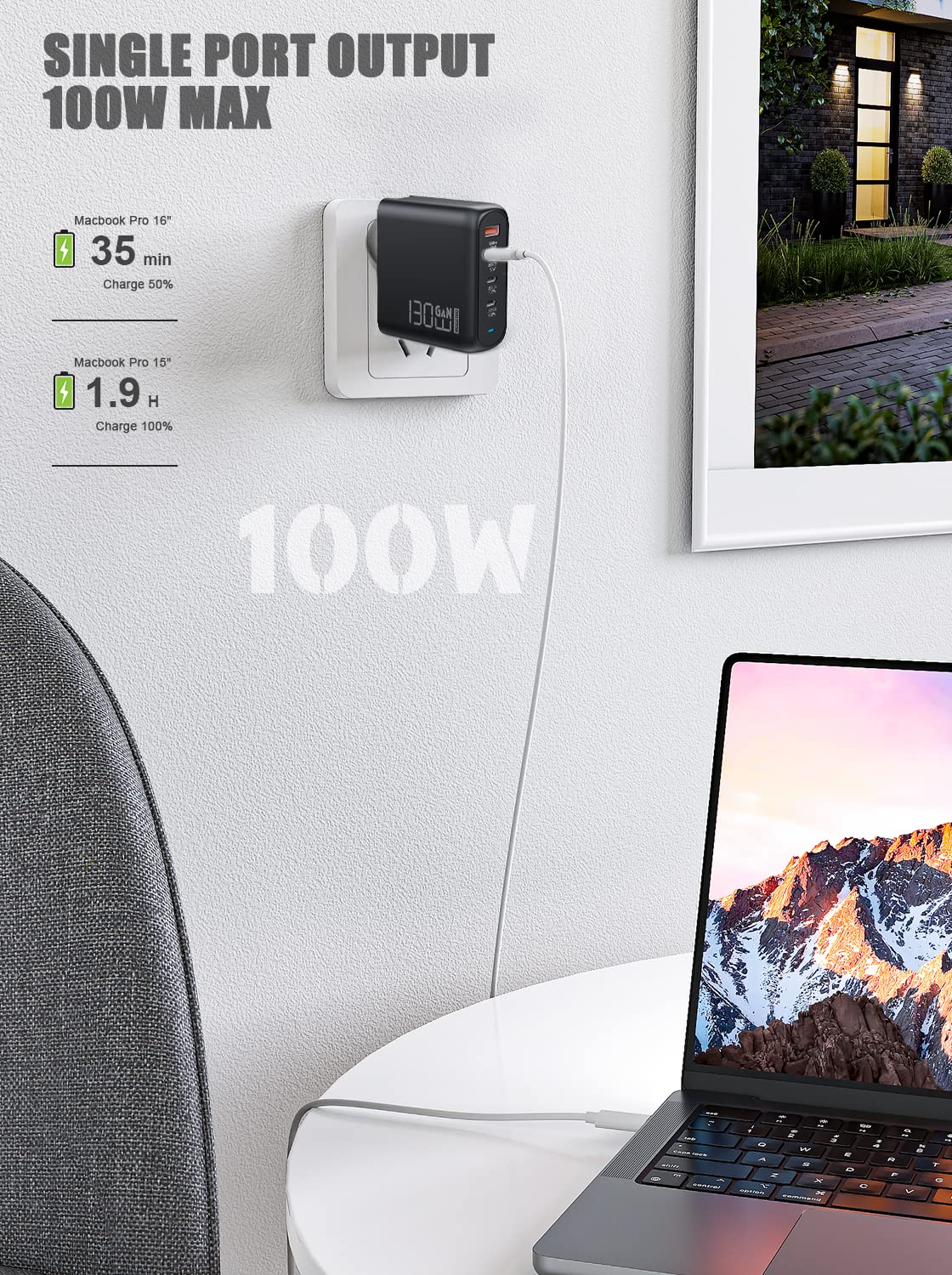 Ładowarka USB C 130 W, typ C PD 100 W + QC 30 W PPS GaN, zasilacz z kablem do szybkiego ładowania 100 W, 4-portowy zasilacz USB C do MacBook Pro/Air, Dell XPS 15, Google, iPhone 14/13, iPad Pro,