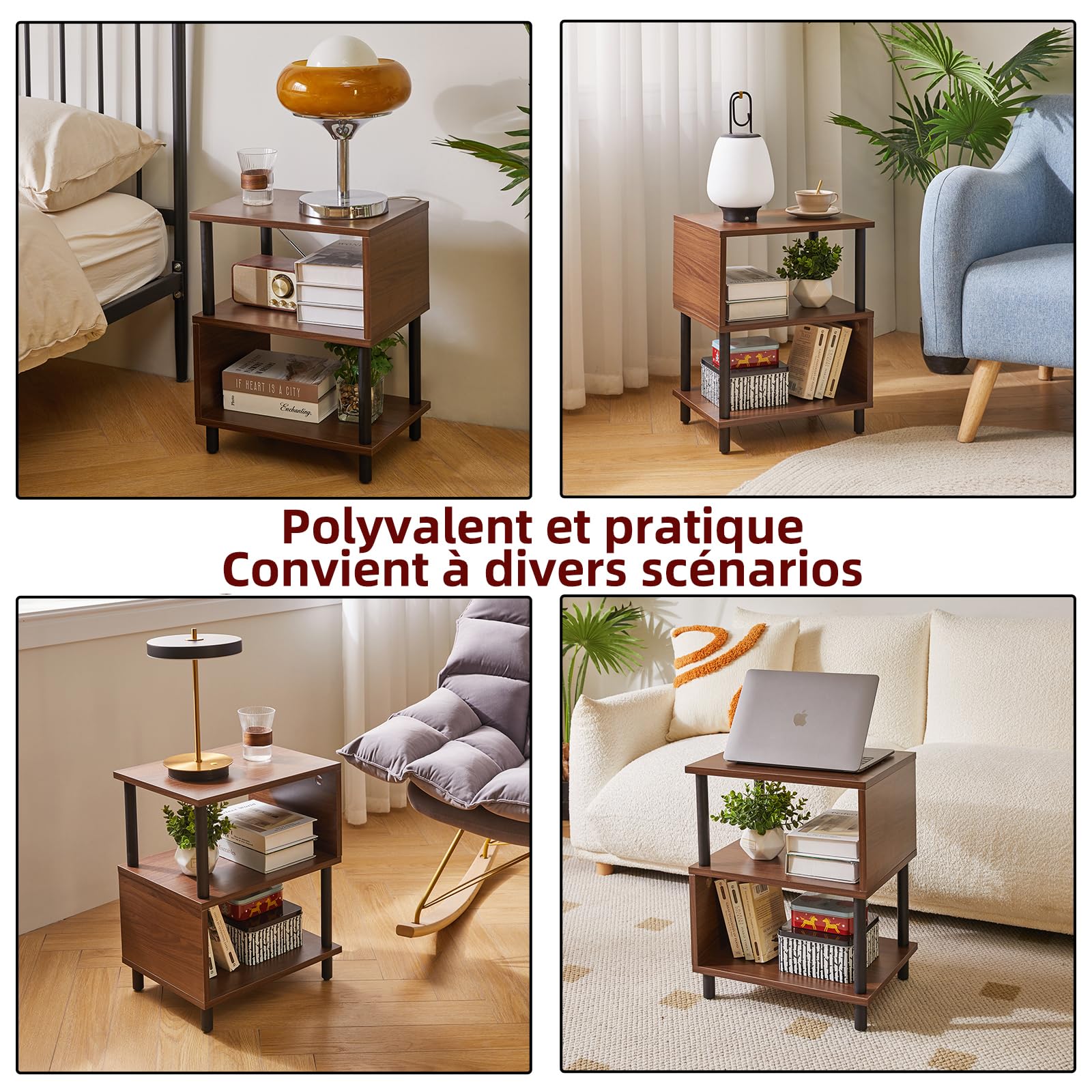 Aibiju Table d’Appoint, Petite Table,Table de Canapé avec 2 Compartiments pour Chambre à Coucher, Salon, Pieds Marron + Noirs, YD-TM152LW
