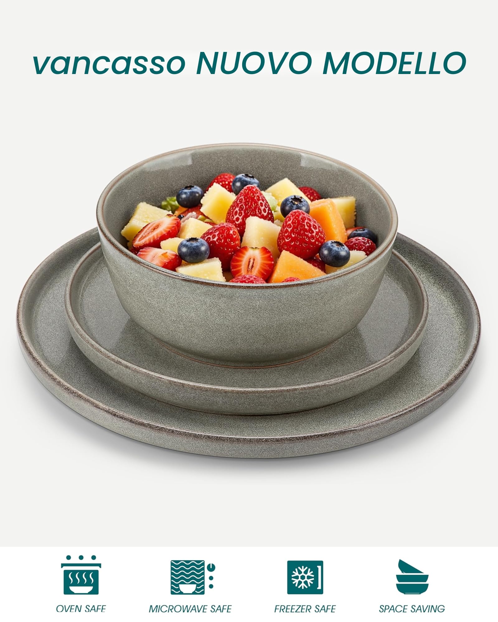 vancasso ANYA Servizio Piatti 18 Pezzi per 6 Persone, Set Piatti Moderni in Gres - 6 Piatti Piani, 6 Piatti Dessert e 6 Ciotole Cereali - Smalto Reattivo Marrone, Adatto per Microonde