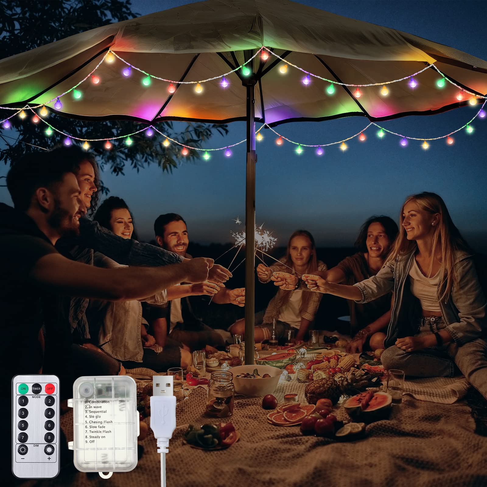 Enhon 32 Feet Patio Umbrella Lights, 8 Lighting Modes LED String Lights with 64 Pcs Shatterproof Globe, Remote Control Battery &amp; USB Powered, Waterproof Hanging Light Decorate for Patio(Colorful)