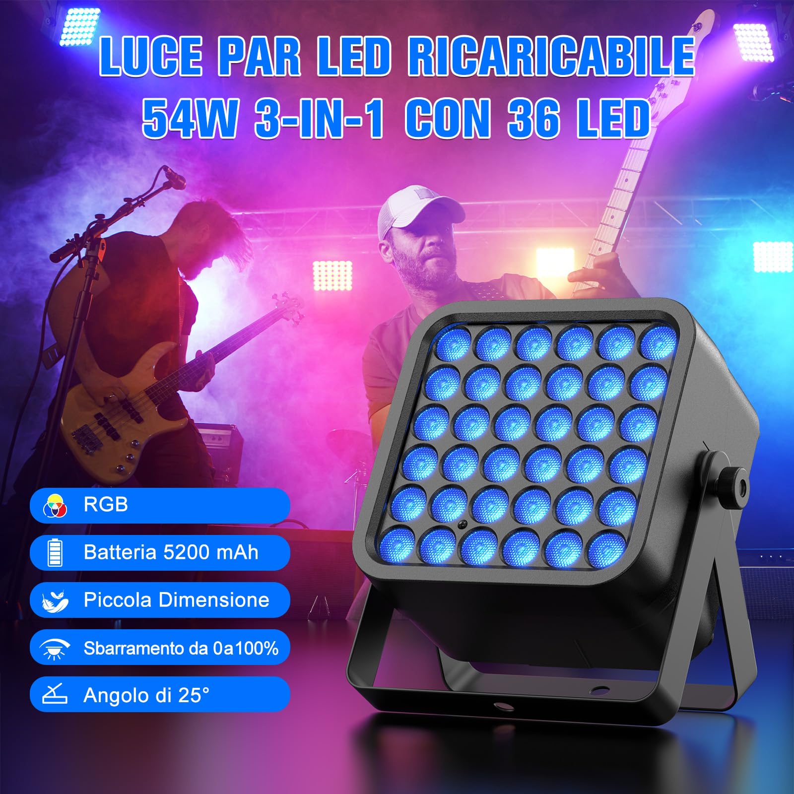 Faretto Par a Batteria da 36 LED, 54 W 6 in 1 RGBWA+UV Faretto per Feste in Discoteca con Batteria da 5200 mAh, Telecomando Automatico 8/10CH, Ricaricabile Adatto per Palco Feste Compleanni Club
