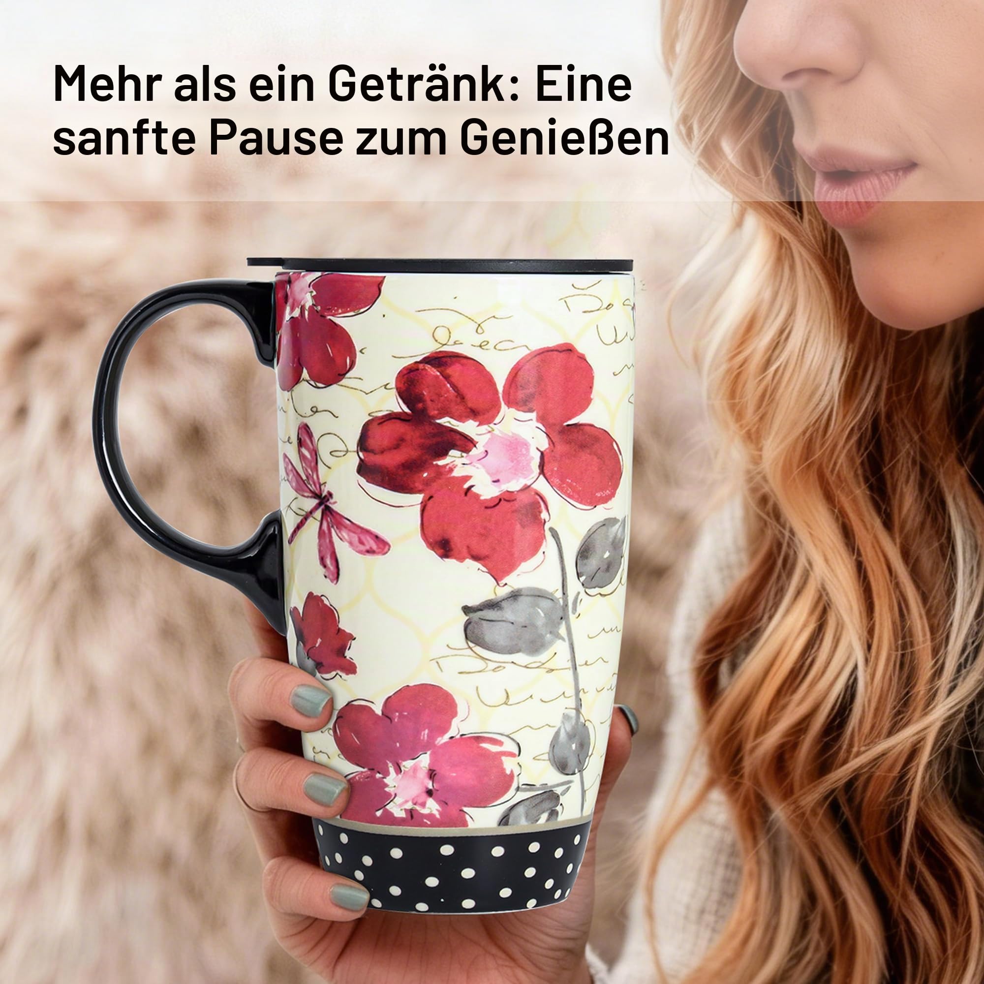 Topadorn Keramik 500ml set of 2 Große Teetasse Mikrowellengeeignet Spülmaschinenfest Nachhaltig Becher mit Deckel Muttertag Geschenk
