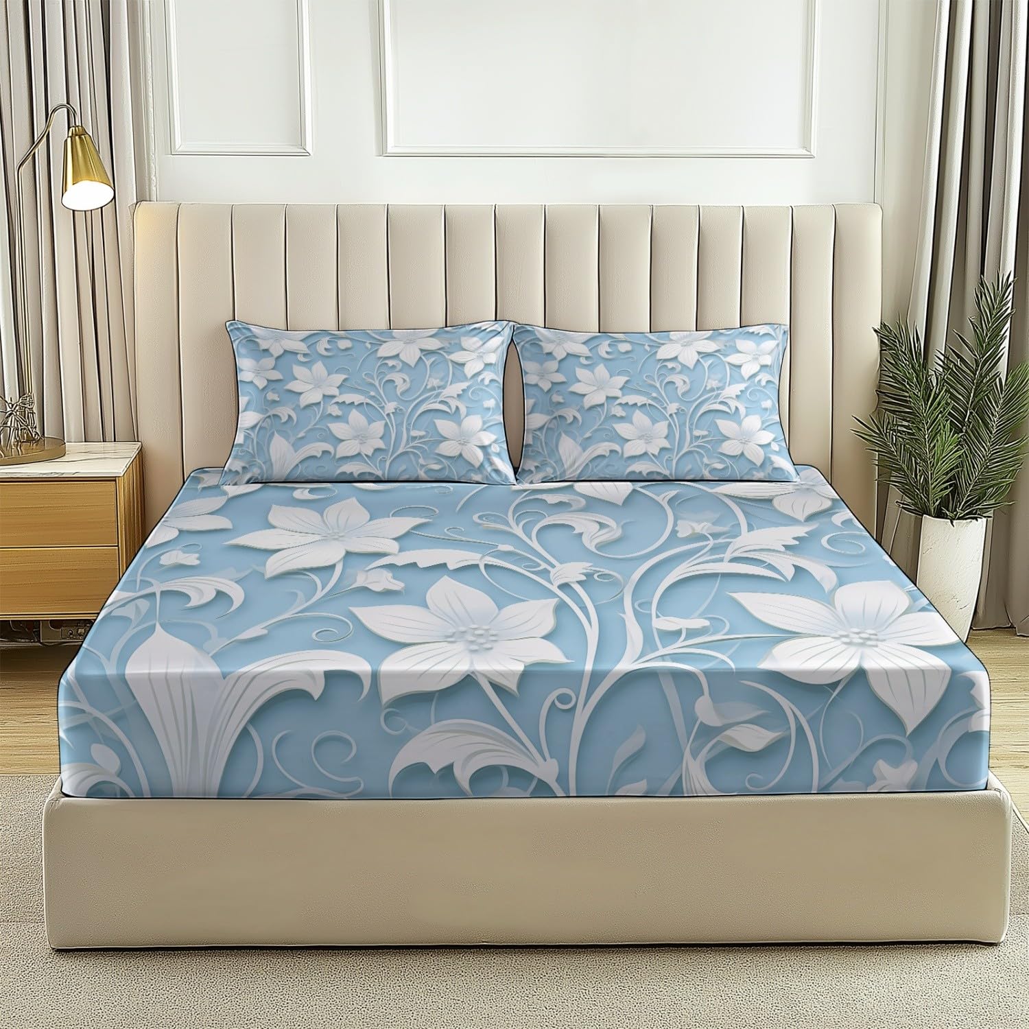 Drap Housse 140 x 190 cm - Minimal Élégant Floral Vignes Thème Drap-Housse en Microfibre avec Coins Élastiqués, Bleu Clair Respirant Draps-Housses pour Matelas de 30 cm Haut