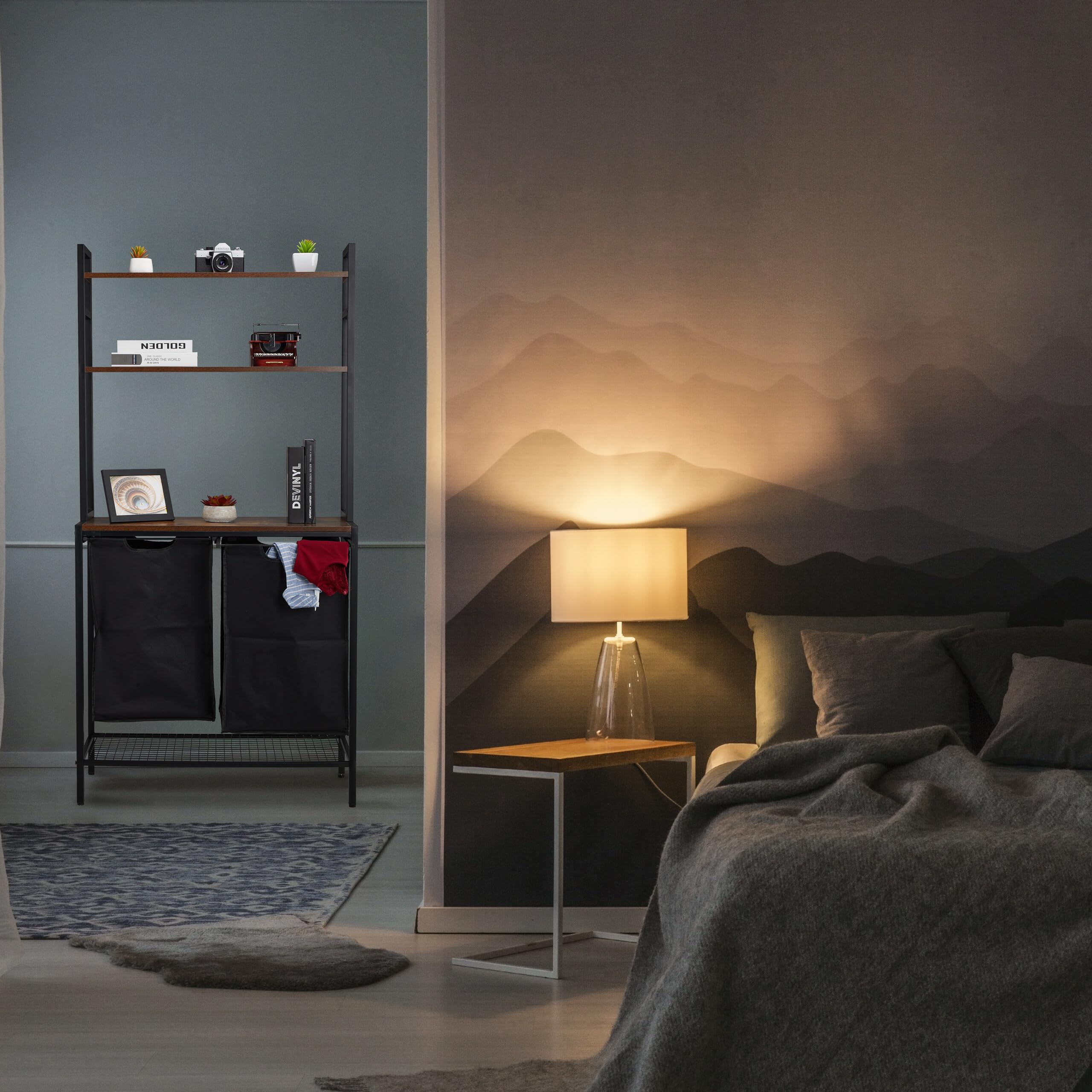 Relaxdays Mueble para Ropa Sucia, 2 Cestos Extraíbles, Estantería Colada 162x80x34 cm, Diseño Industrial, Negro y Marrón