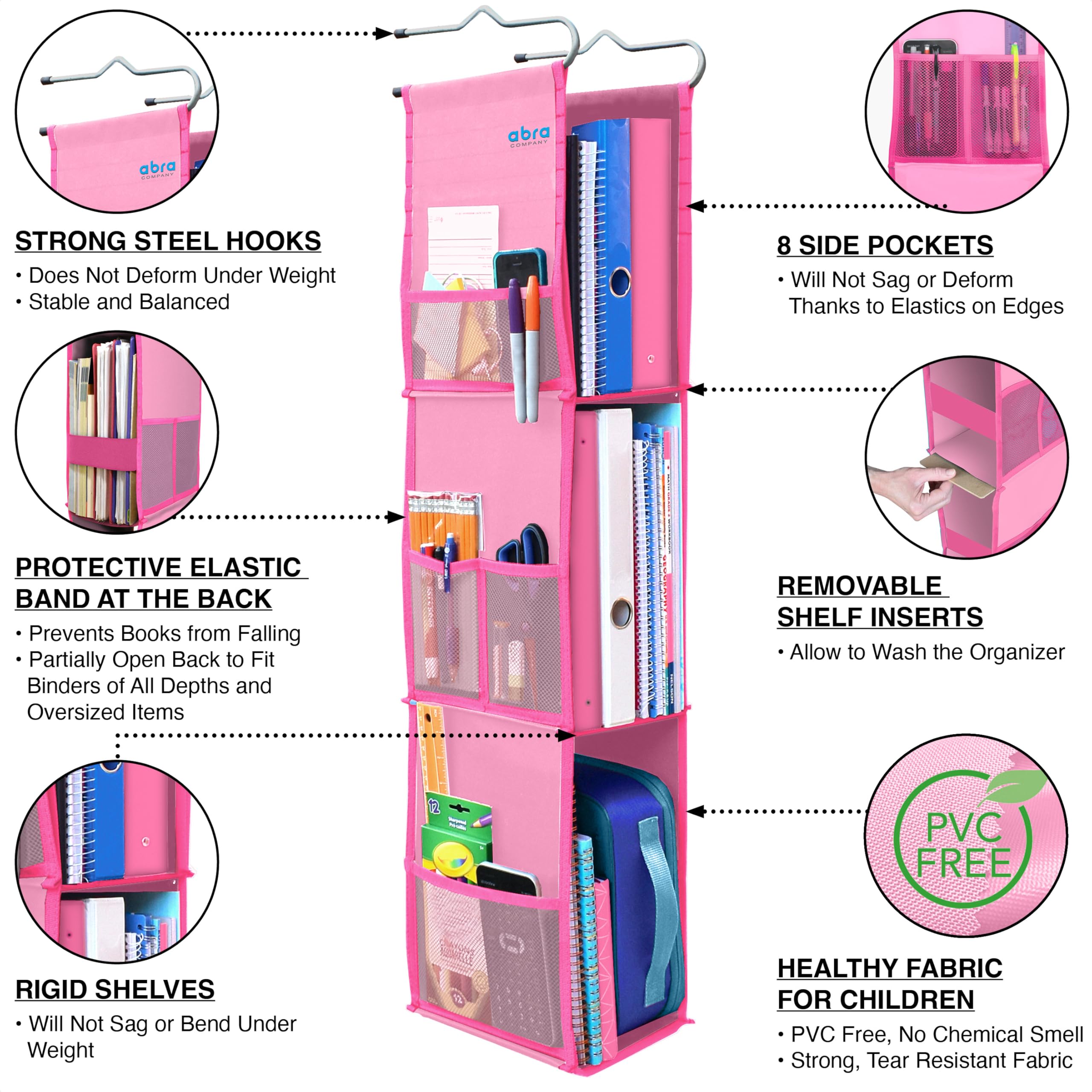 ABRA® Organizador de casillero colgante de 3 estantes para escuela, gimnasio, trabajo, almacenamiento, estantes profundos de 6.5 x 9 pulgadas, tela ecológica saludable para niños, estante ajustable de