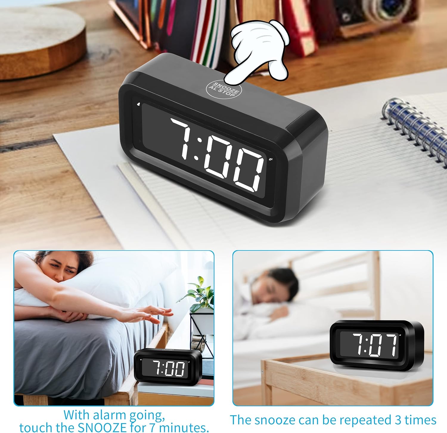 Image demonstrating the snooze function of the KWANWA Kids Alarm Clock, showing a hand pressing the top button and the time changing from 7:00 to 7:07.