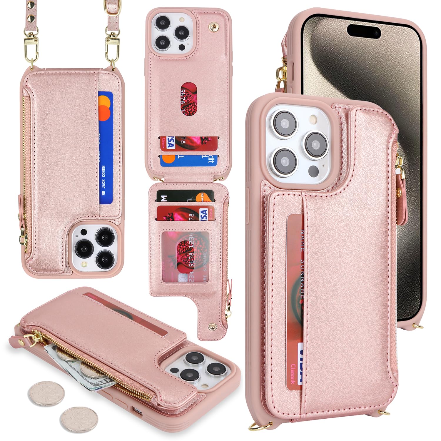 SailorTech for iPhone 15 Pro Phone Case with Credit Card Holder for Women iPhone 15 Pro Leather Case Wallet Crossbody with Credit Card Slots Zipper Shockproof Case for Men - Image 3