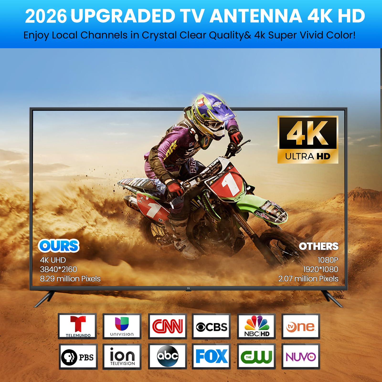 Antenne TV Intérieure Puissante, Antenne TNT HD 4K avec Amplificateur de Signal, Réception Longue Portée 650km, 360° sans Angle Mort Compatible DVB-T/T2 pour Téléviseur Numérique Intelligent