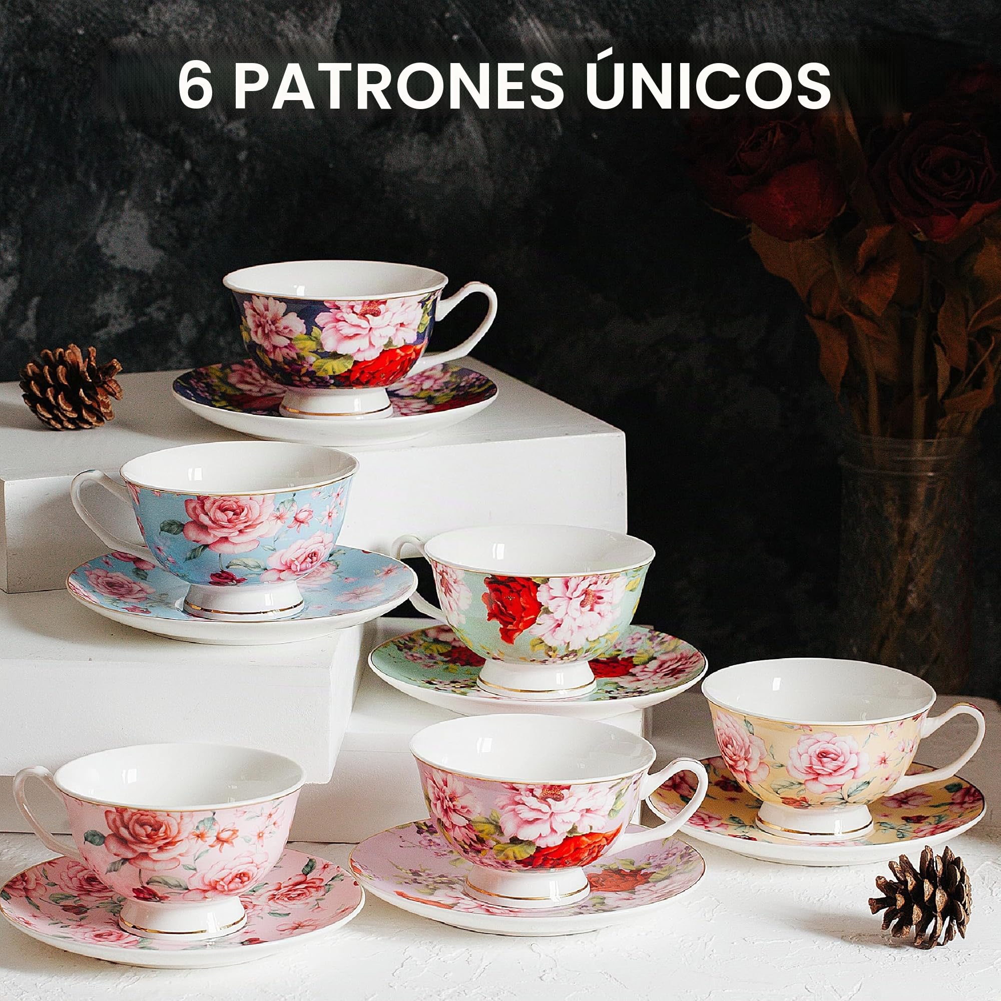 BTaT- Juego de tazas de té y platillos, diseño floral, juego de tazas de té de porcelana, apto para lavavajillas, juego de 6, 8 onzas, regalo para el día de la madre