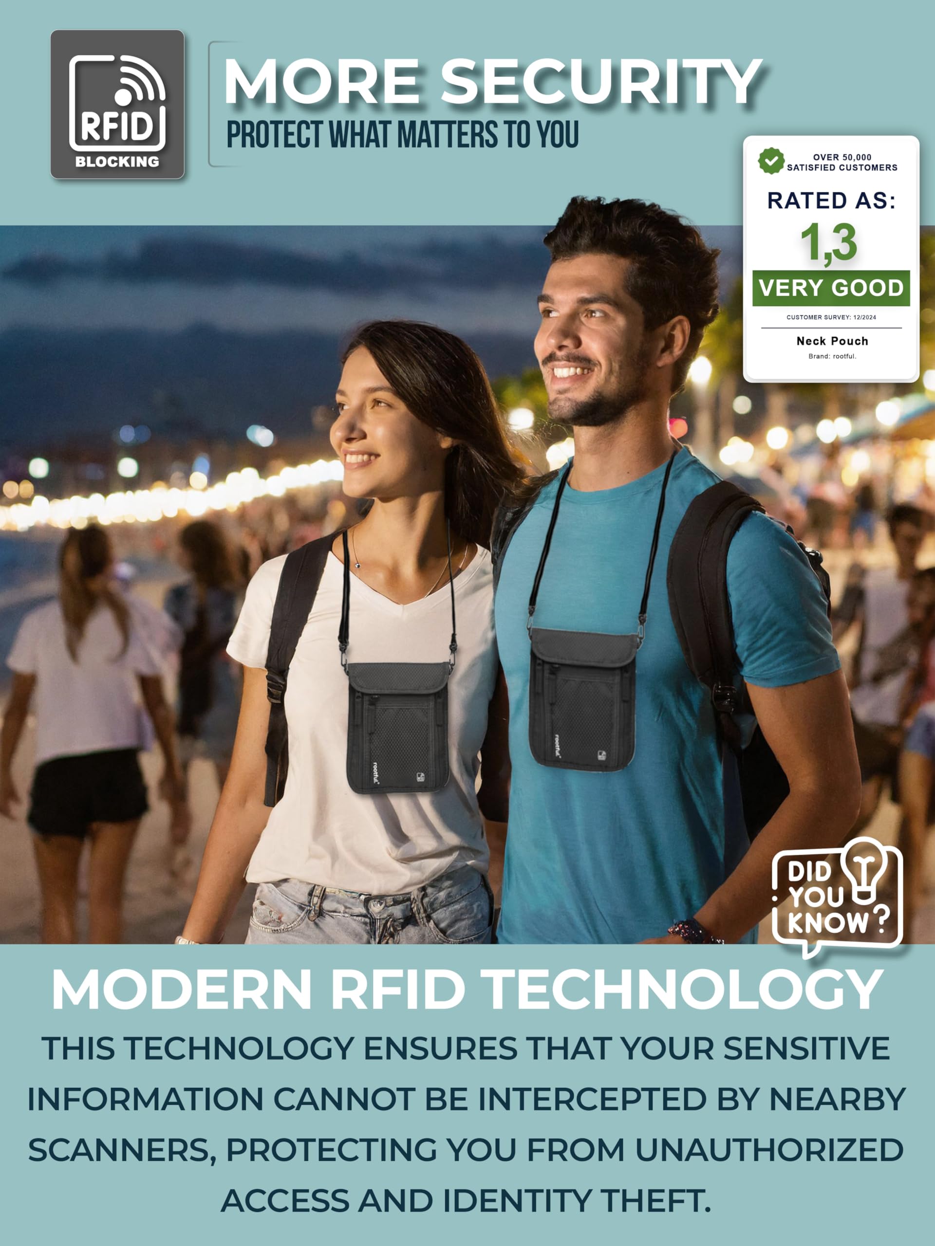 rootful.® Portadocumentos de Viaje RFID – Cartera de Cuello Impermeable con Correa Ajustable, para Pasaporte, Documentos, Dinero, Smartphone y más, con 6 Bolsillos para Hombre y Mujer