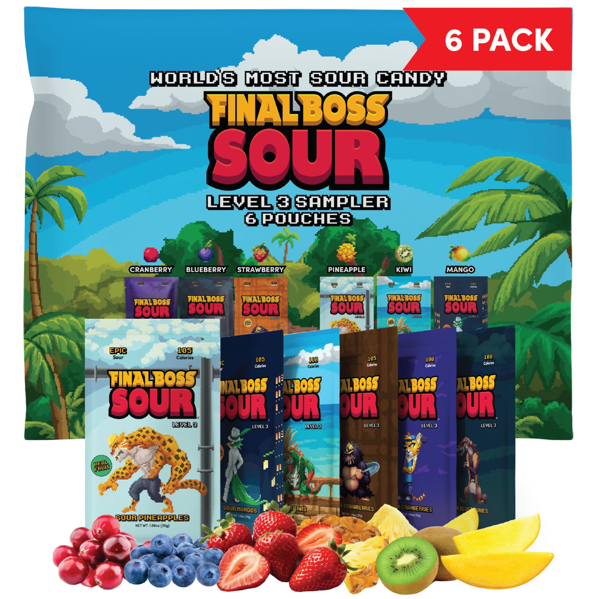 FINAL BOSSSour Candy, Variety Pack, 6 Packs, Level 3, Extreme Sour Fruit Chews with Real Dried Fruit, No Artificial Colors or Flavors, Low Calorie Snack for Kids, Teens, Adults & On the Go