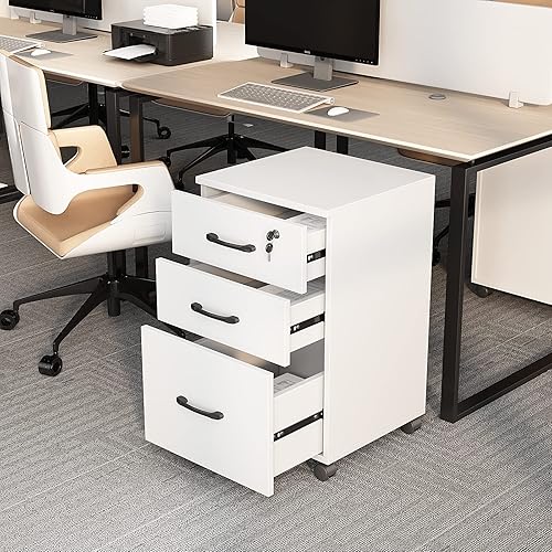Miniatura 5 de Archivador móvil de 3 cajones con cerradura, gabinete de llenado vertical blanco sobre ruedas, pequeño archivador rodante, gabinete debajo del