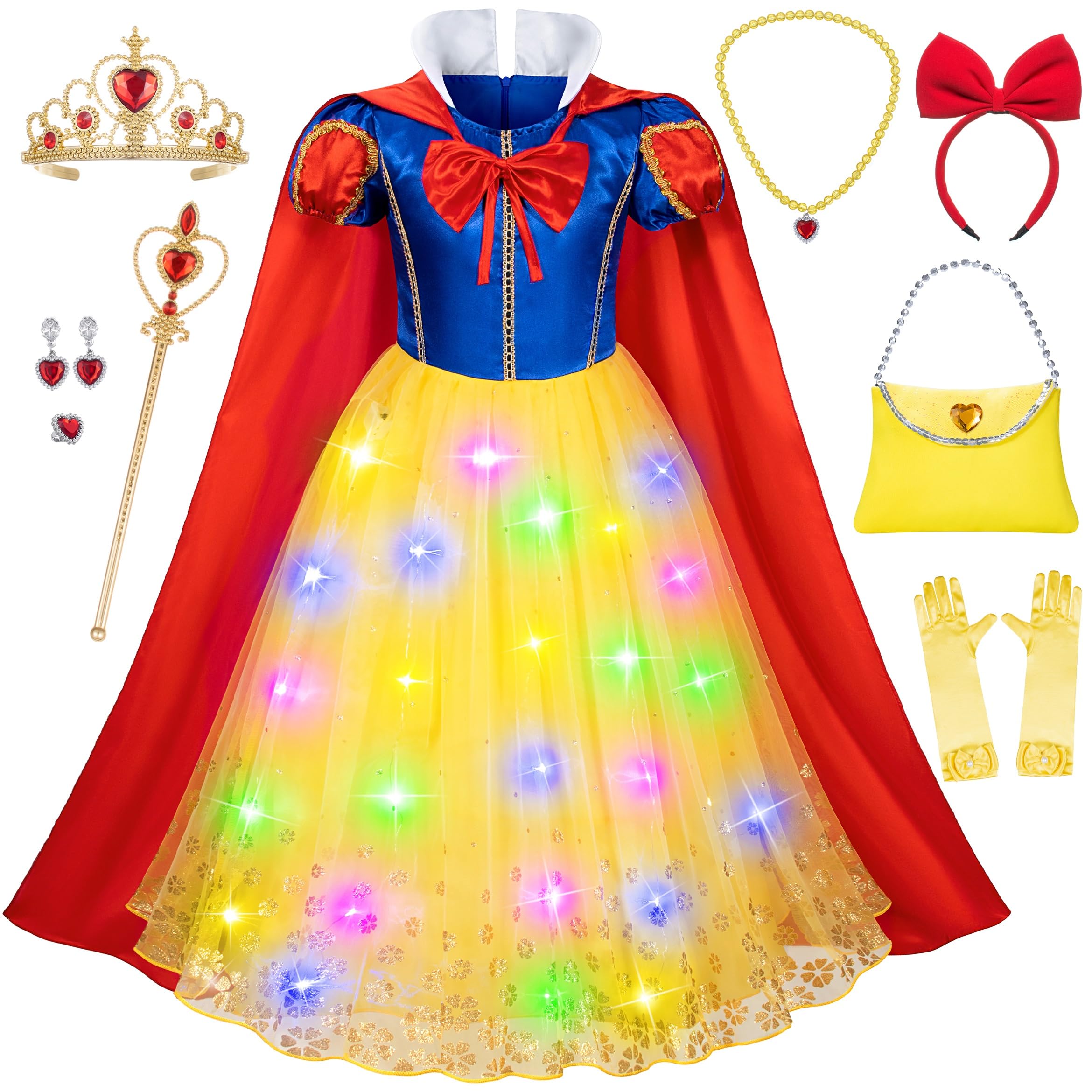 Light-Up Princess Snow White Costume for Girls Birthday,Christmas Dress Up with Accessories