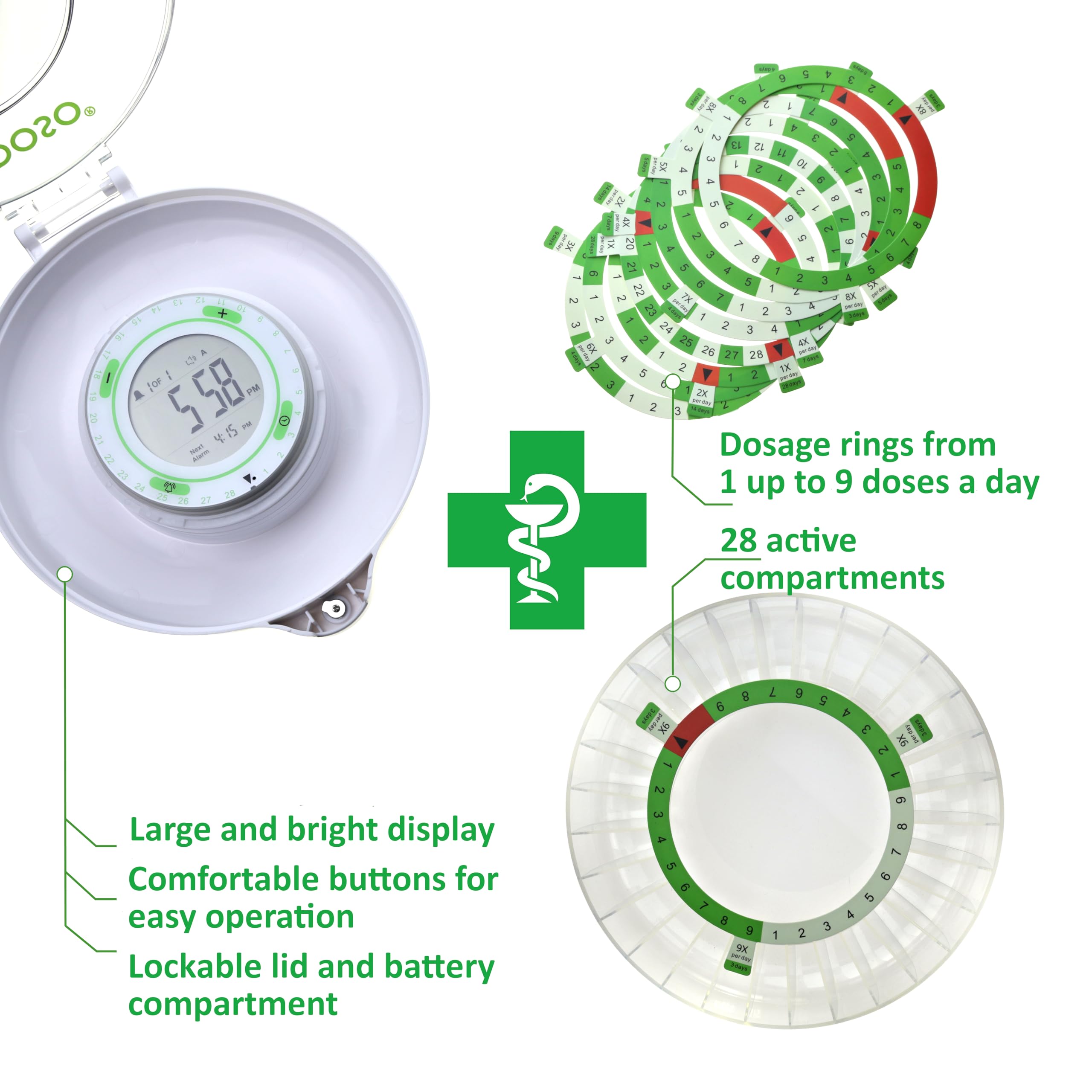 Pastillero electrónico inteligente automático con alarma | Modelo 2021 | 9 alarmas al día | Pantalla grande y botones | Anillos franceses | 2 cierres seguros (Mate)