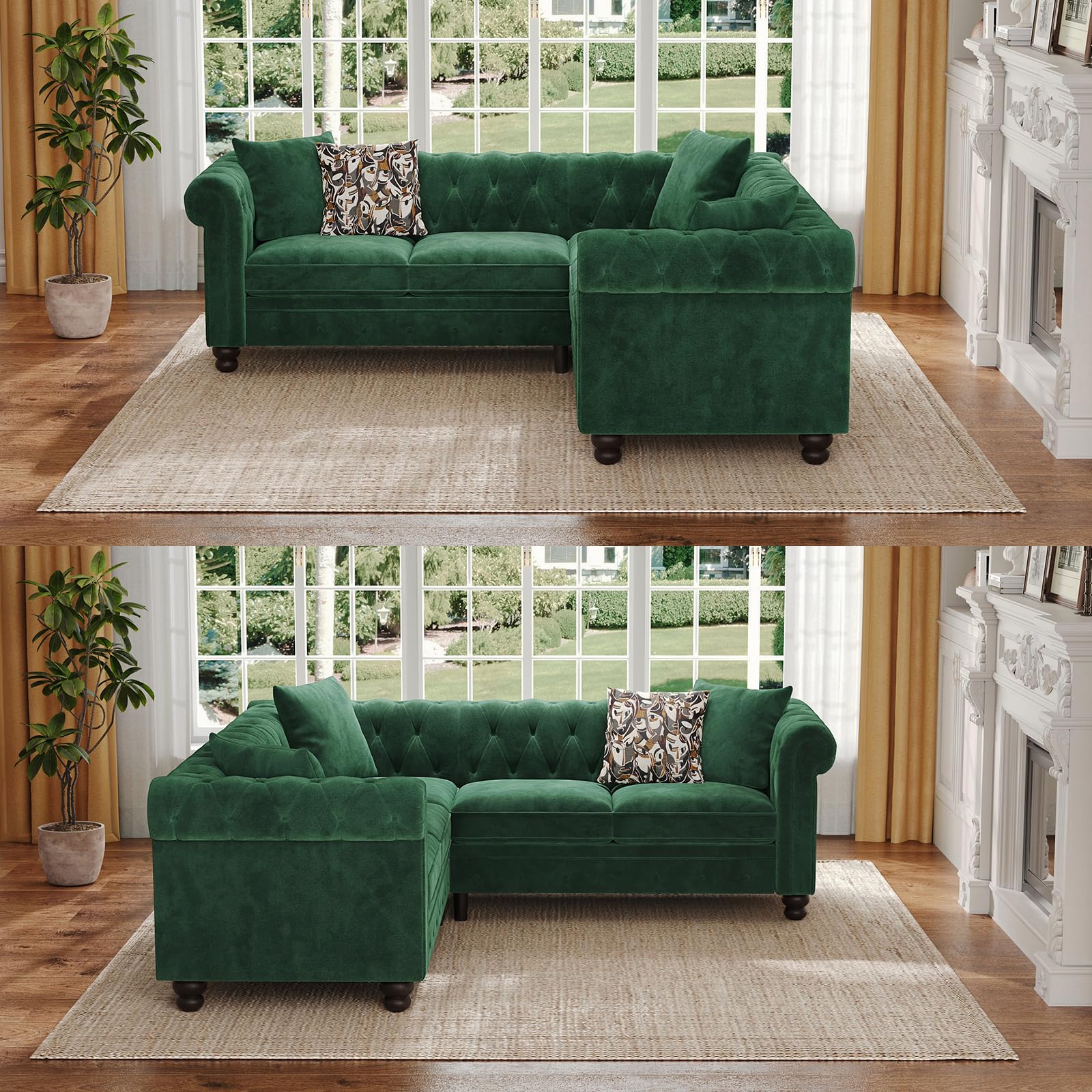 Velvet Chesterfield Sofa, L Shaped Sectional Sofa with Tufted Back & Rolled Arms, 3 Throw Pillows, Small Corner Sectional Couch for Living Room, Apartment, Green