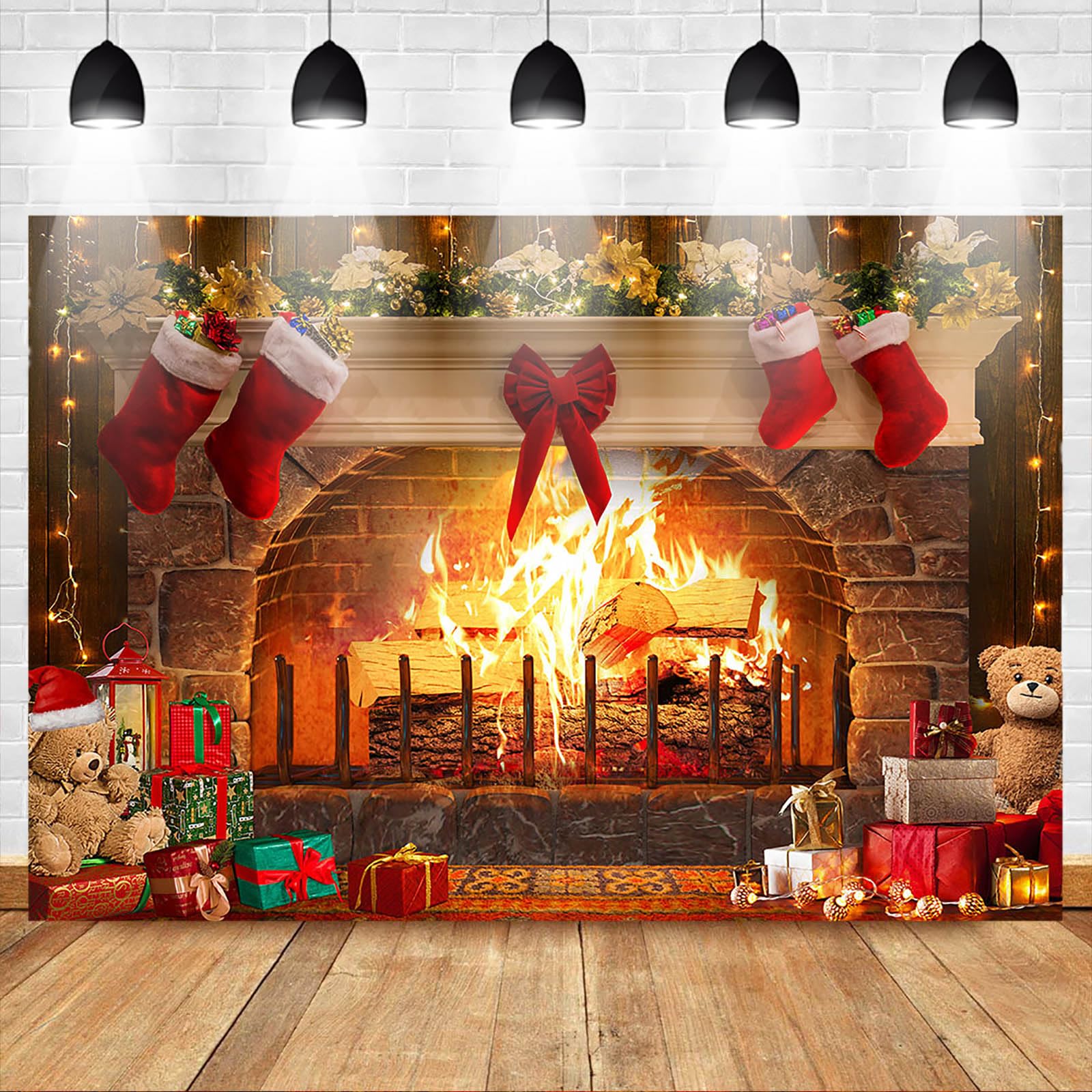 Avezano Sfondo natalizio per caminetto fotografico, decorazione natalizia con mattoni rossi, decorazione per feste in famiglia, accessori per cabina fotografica (3 x 2,1 m)