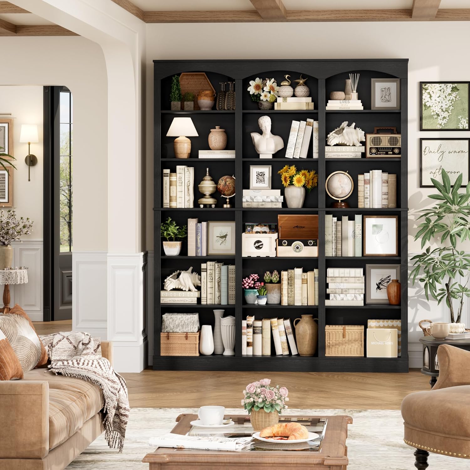 71" Triple Wide Bookshelf, 6 Tier Tall Bookshelf, Large Book Shelf with Curved Baffle, 63.4" Wide Bookcase with 18 Open Display Shelves for Living Room, Study, Black