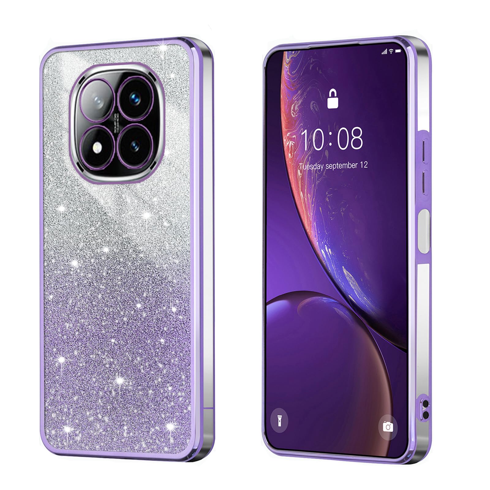Handyhülle Für Xiaomi Redmi Note 14 Pro+ 5G - Transparente TPU Hülle Mit Glitzerblatt & Galvanisiertem Rahmen, Lila
