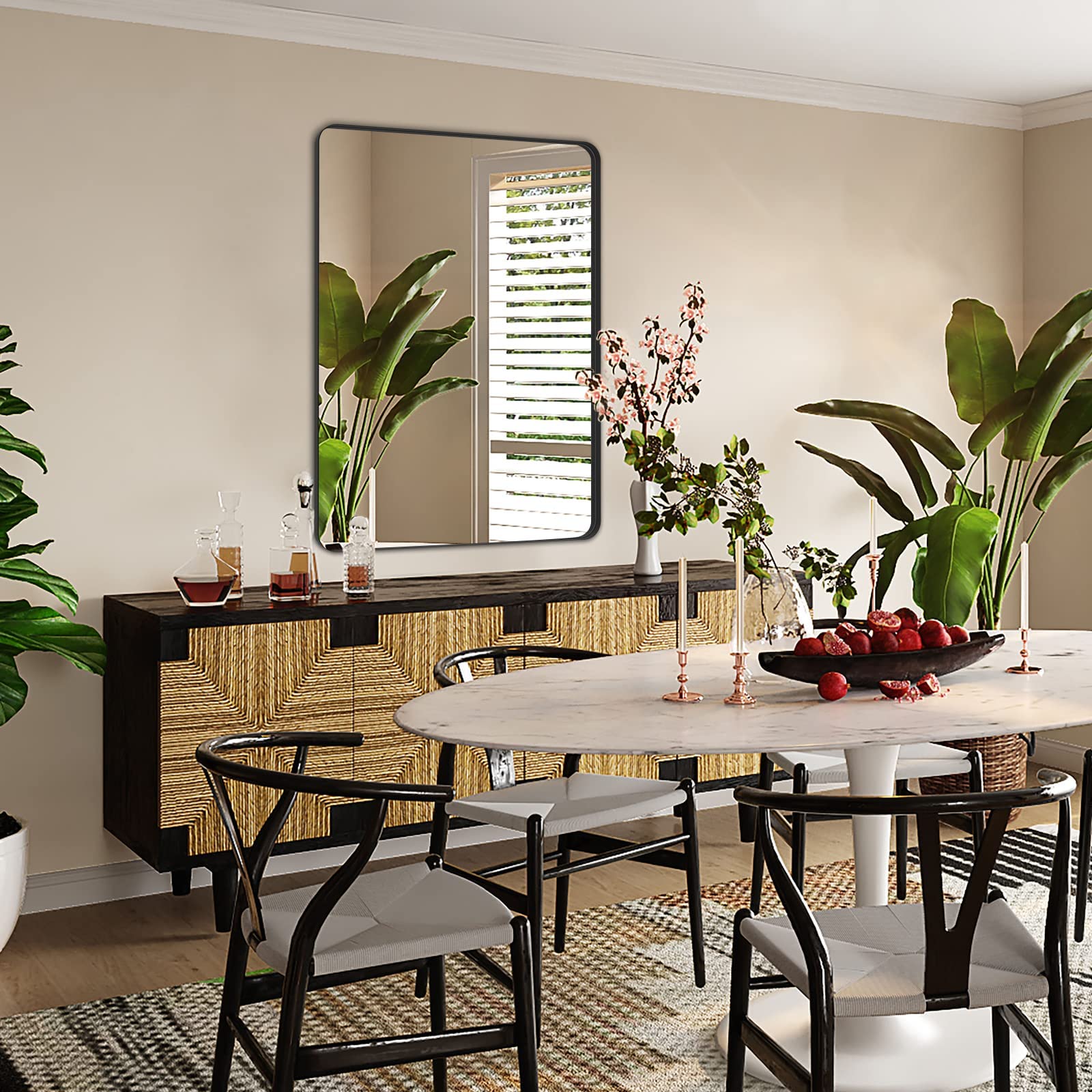 Black Bathroom Mirror for Wall, 24" x 36" Black Metal Framed Rounded Rectangle Mirror, Matte Black Vanity Mirror Farmhouse, Anti-Rust, HD Float Glass, Hangs Horizontal or Vertical