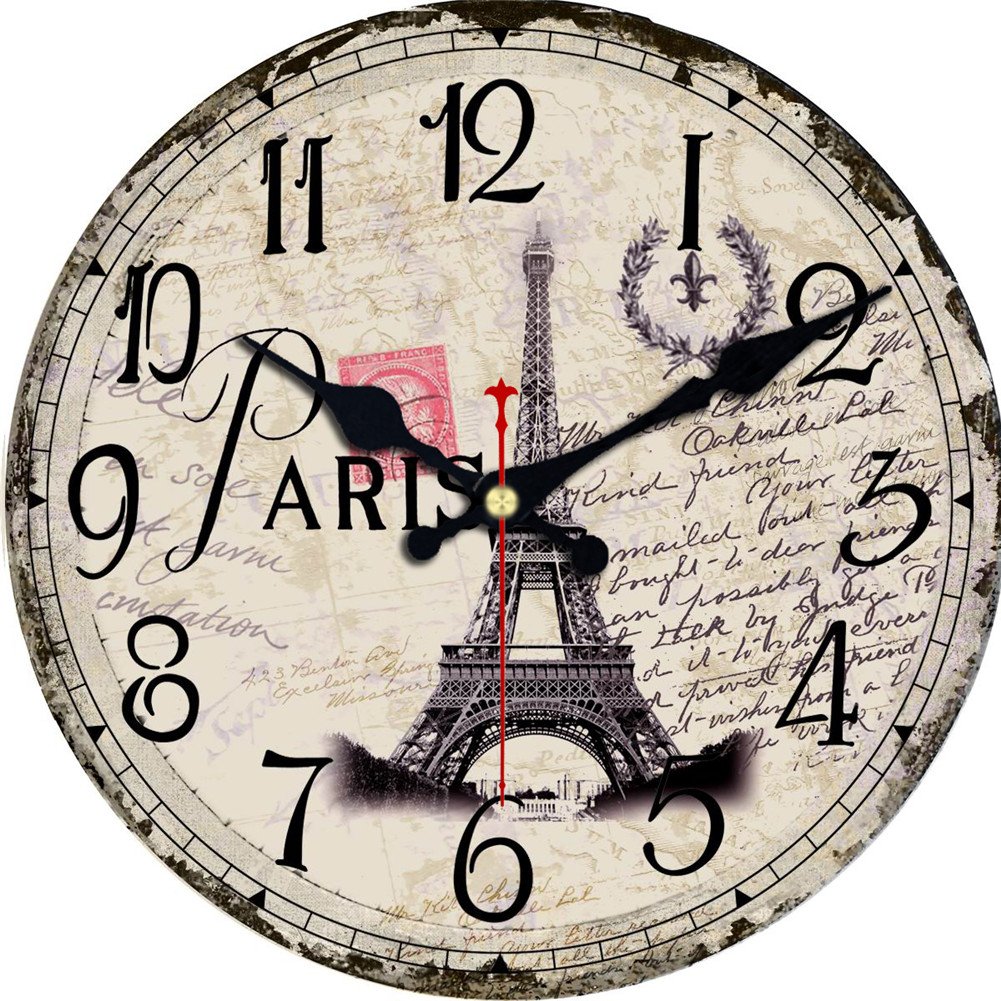 MEISTAR 16 Inch Large Arabic Numerals Eiffel Tower Design Big Wall Clock,Vintage Rustic Country Easy to Read Silent Round House Decorative Wall Clock