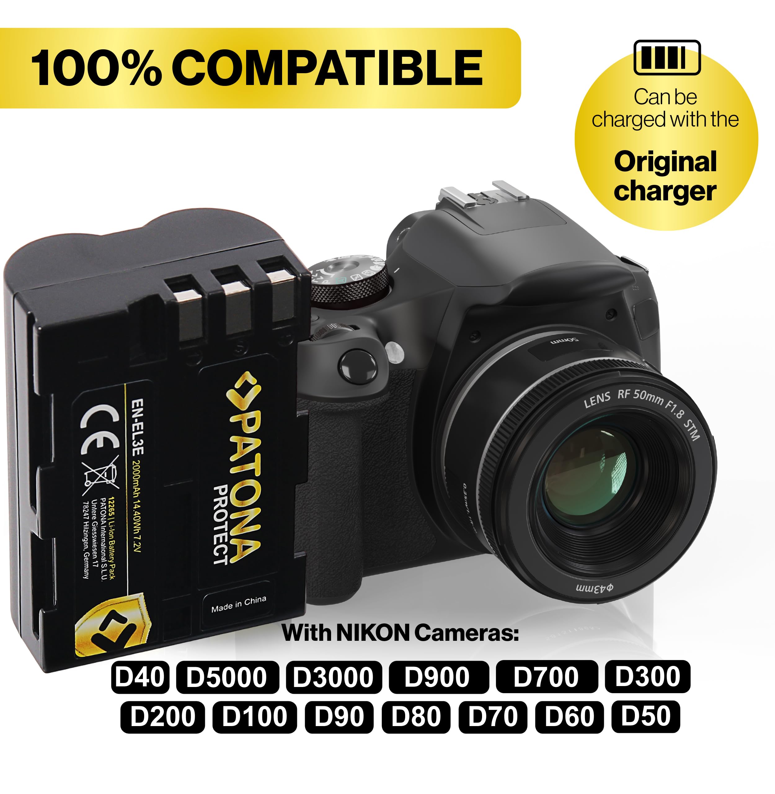 PATONA 2X Protect Akumulator do Nikon EN-EL3E ENEL3E 2000mAh | Akumulator zamienny z etui ochronnym do D700 D300 D300S D200 D90 D80 D70 D70s D50 D100