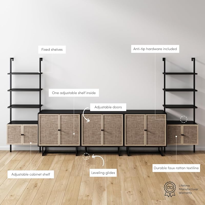 Nathan James Kova Bohemian Entertainment Center Wall Unit with Bookshelves, Bookcase TV Stand with Rattan Door Fronts, Entertainment Wall Unit with Storage, Black Oak/Cane image 3
