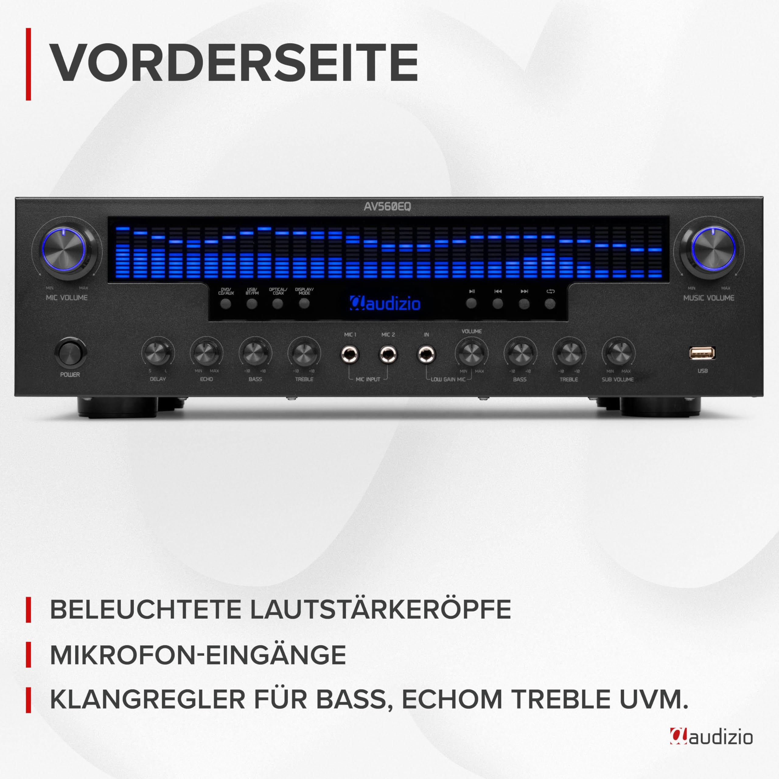 Audizio AV560EQ - 5.1 HiFi Verstärker mit Bluetooth, 390 Watt AV Receiver & Stereoanlage für Heimkino, TV & Musik - Verstärker HiFi Stereo mit Subwoofer-Out, USB, FM-Radio, 2X Mikrofon, Equalizer