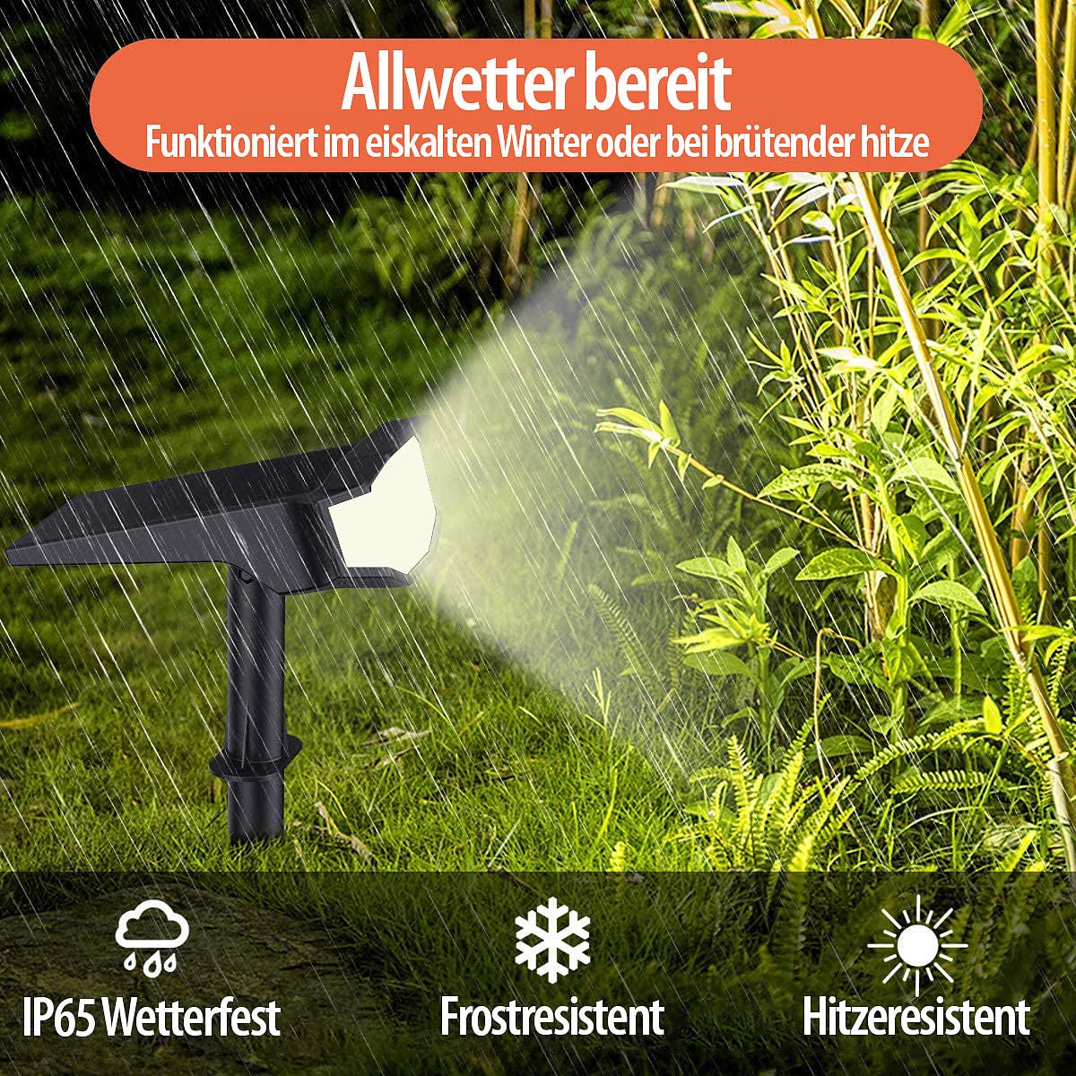 Luminea Set di 2 faretti solari da giardino a LED ad alta potenza, 650 lm, IP65, luce bianca calda (picchetto solare da giardino, illuminazione solare per terrazze, lampada da giardino)