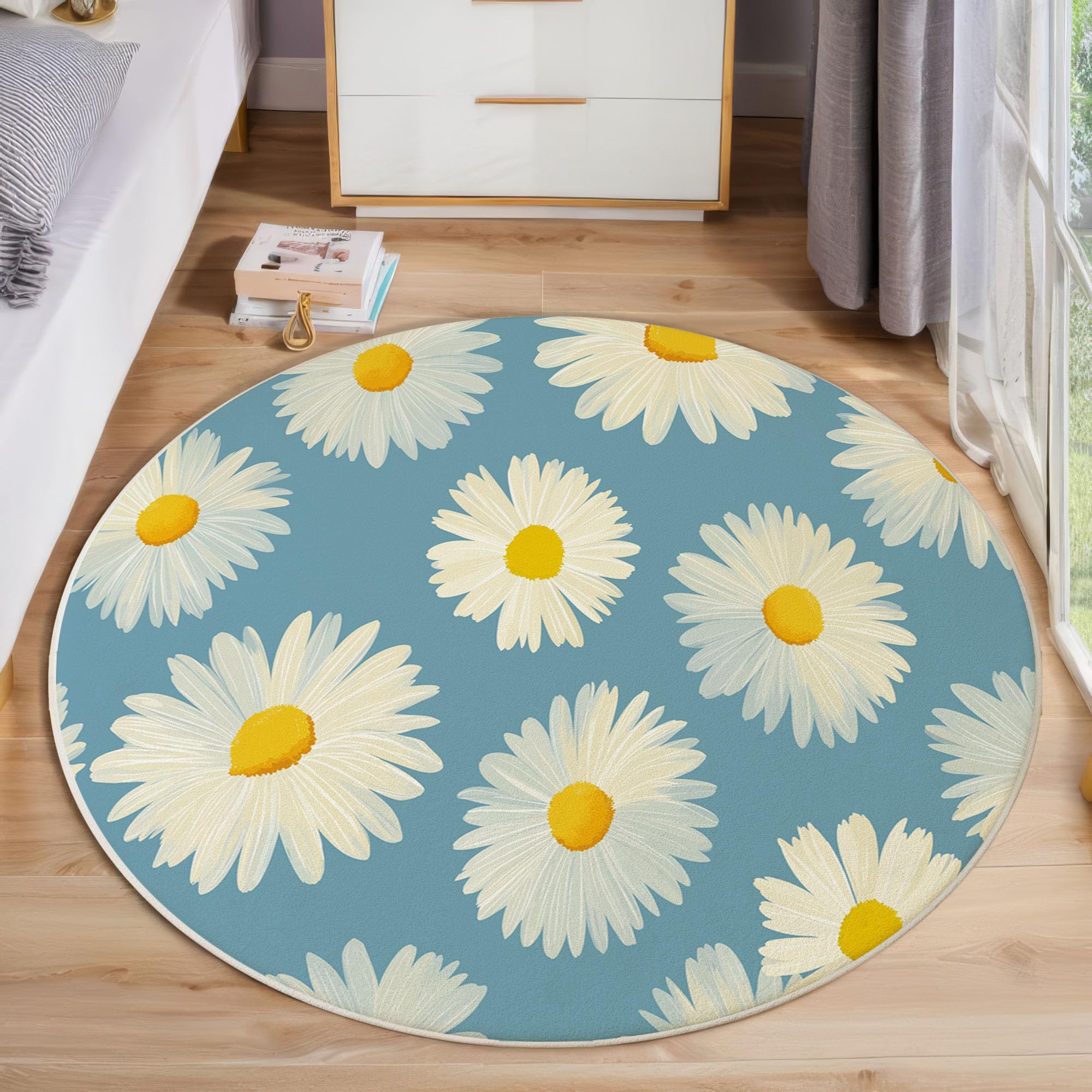 Tapis rond marguerites blanches bleu clair 160cm lavable et antidérapant pour salon